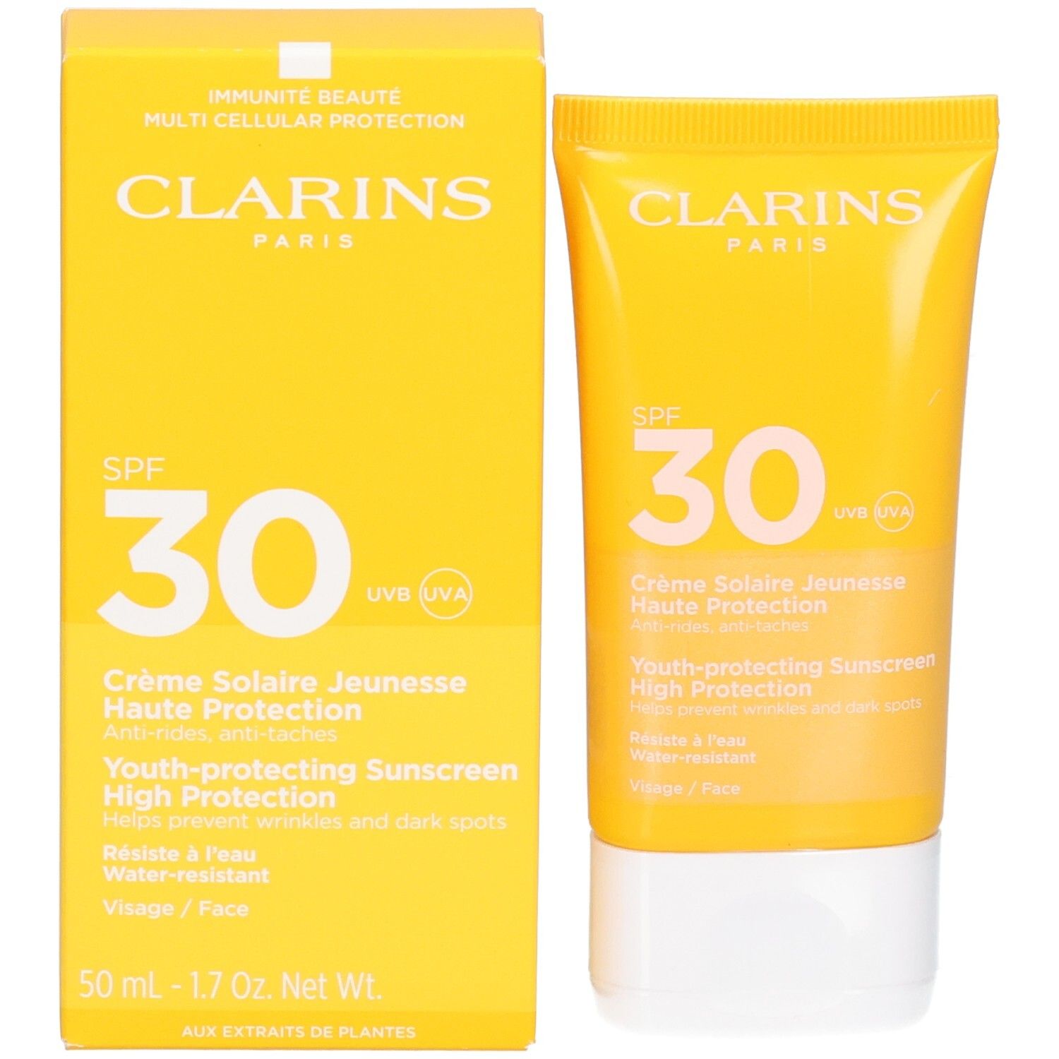 Clarins Crème Solaire SPF 30 et son emballage, jaune.