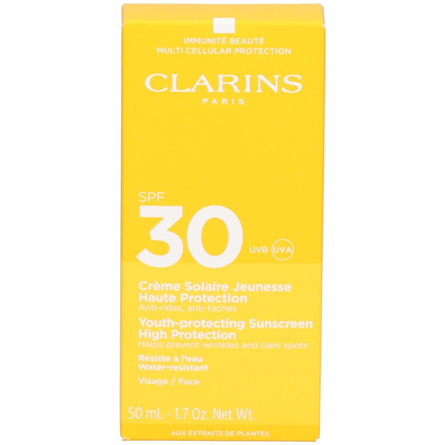 Emballage Clarins Crème Solaire SPF 30, face avant.