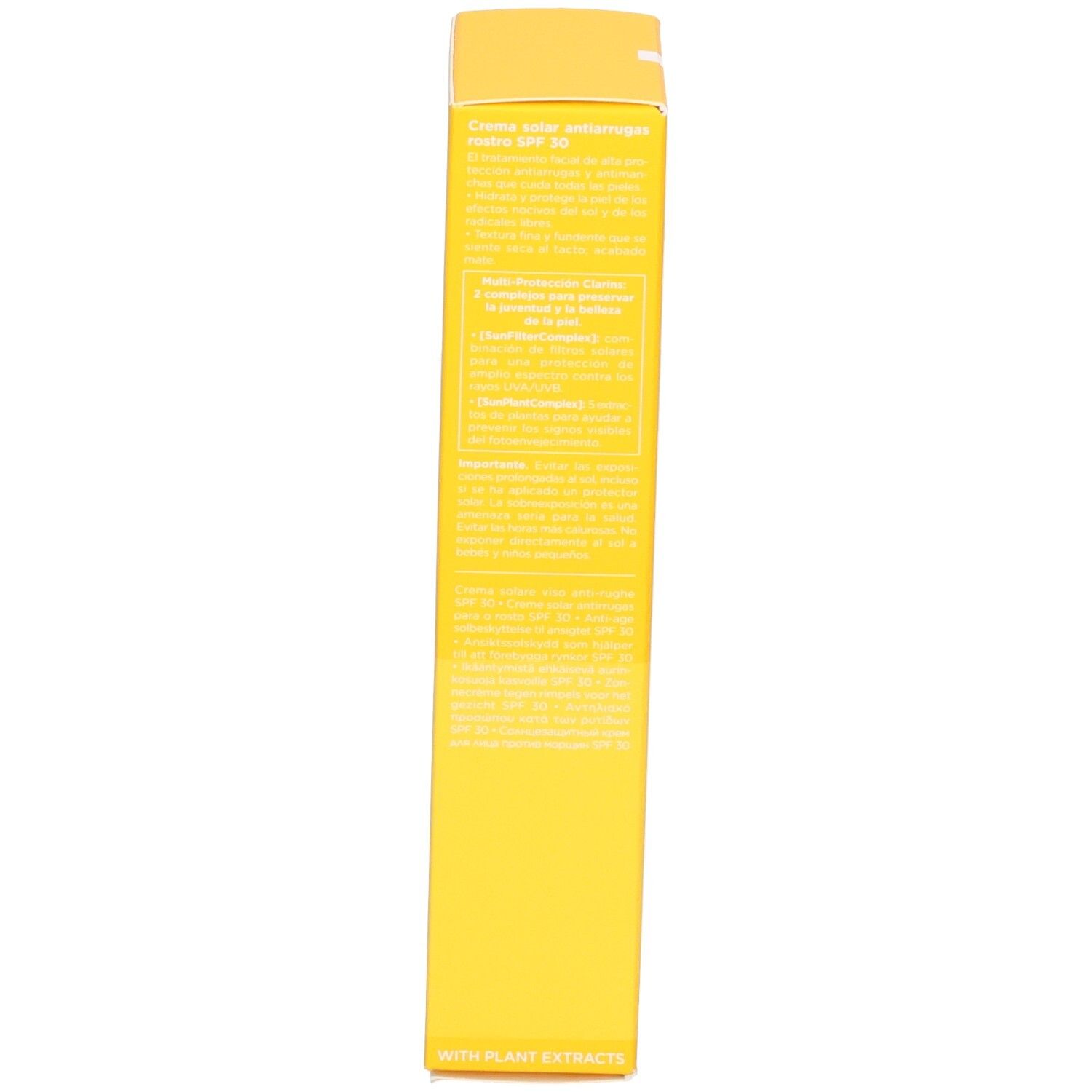 Côté de l'emballage Clarins Crème Solaire SPF 30 avec texte.