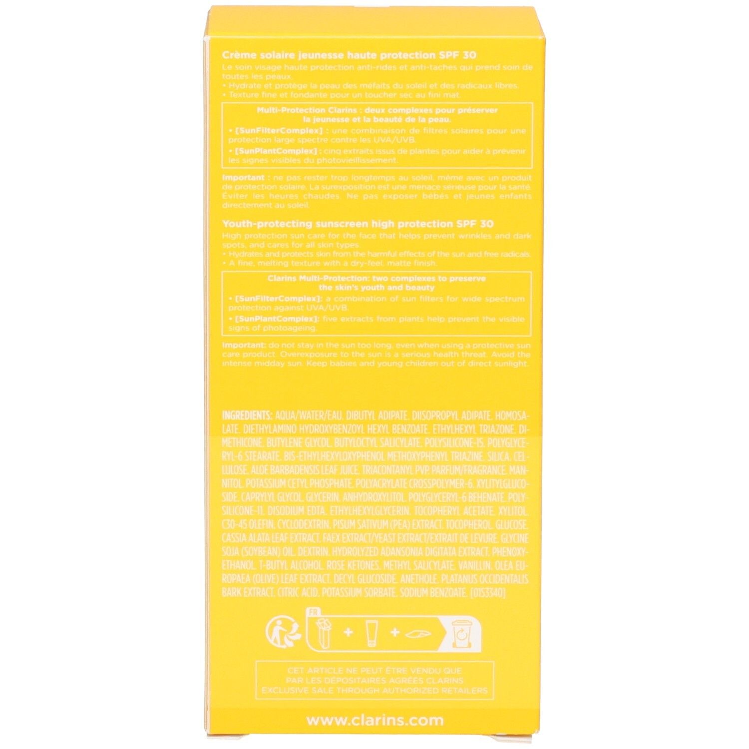 Arrière de l'emballage Clarins Crème Solaire SPF 30 avec ingrédients.