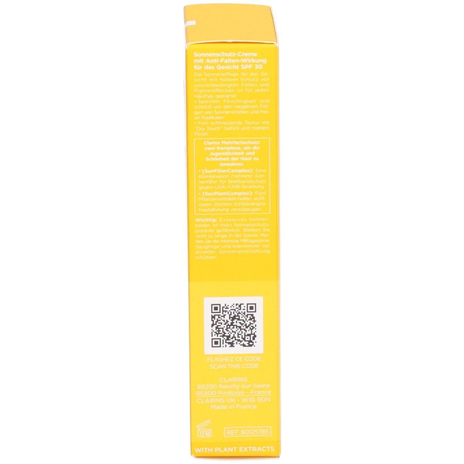 Côté de l'emballage Clarins Crème Solaire SPF 30 avec QR code.