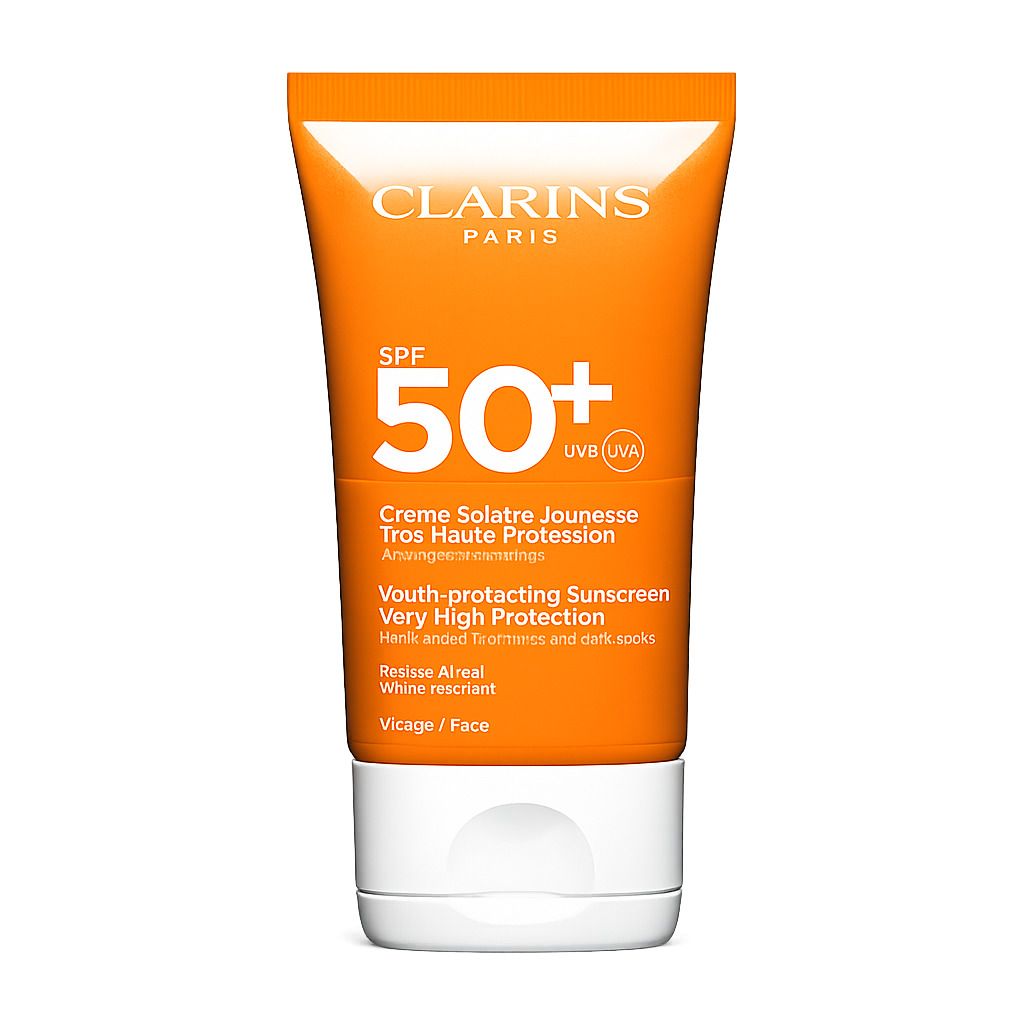 Crème solaire Clarins SPF 50+ visage. Tube orange, bouchon blanc, logo corail.