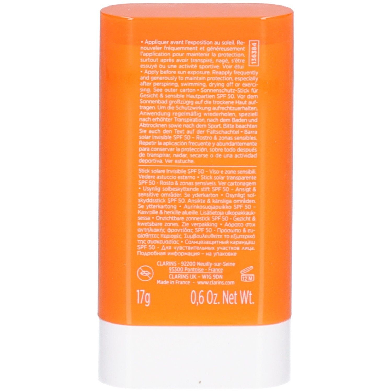 Arrière d'un stick solaire Clarins SPF 50 avec instructions d'application et informations produit.