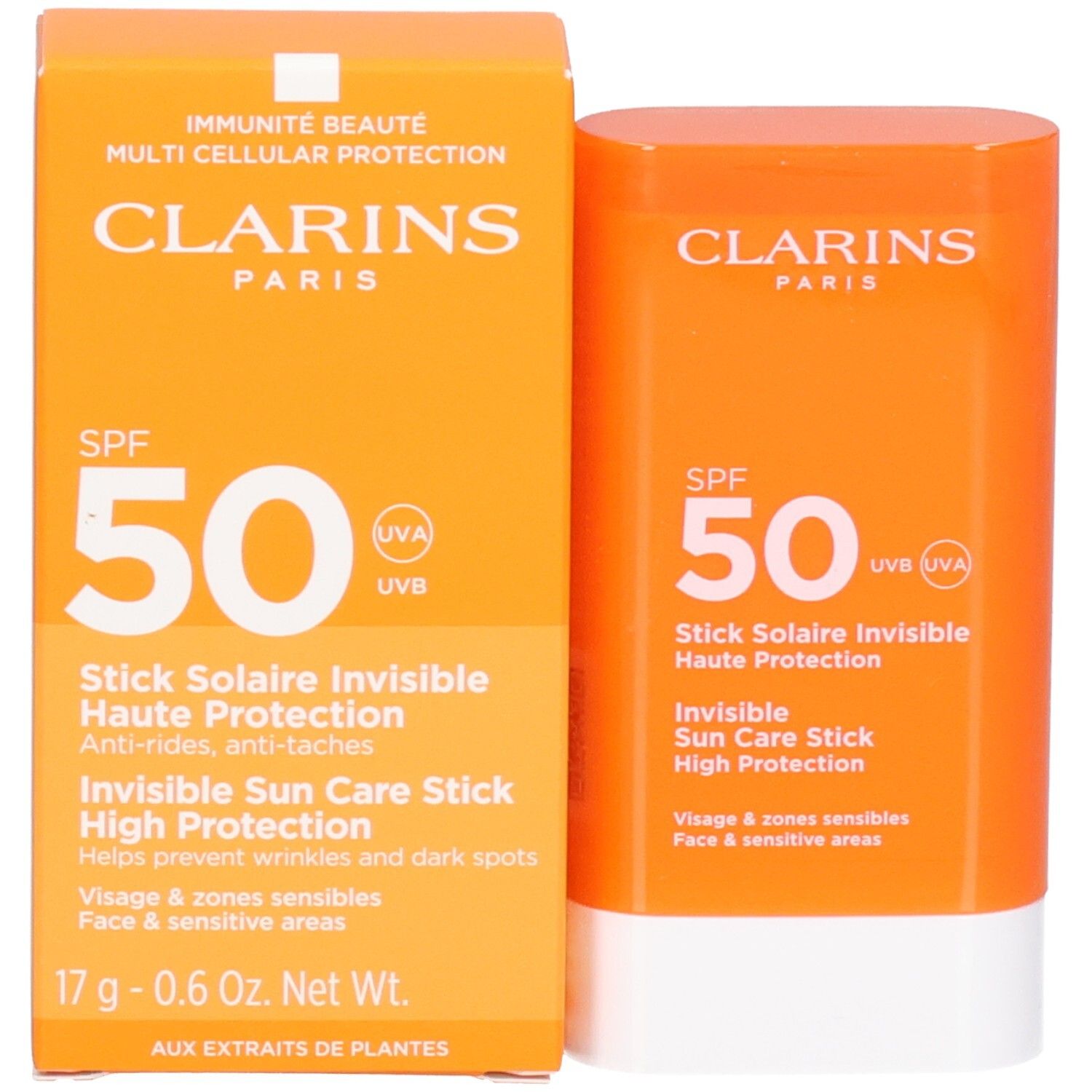 Stick solaire Clarins SPF 50 et son emballage, tous deux avec informations sur la haute protection.