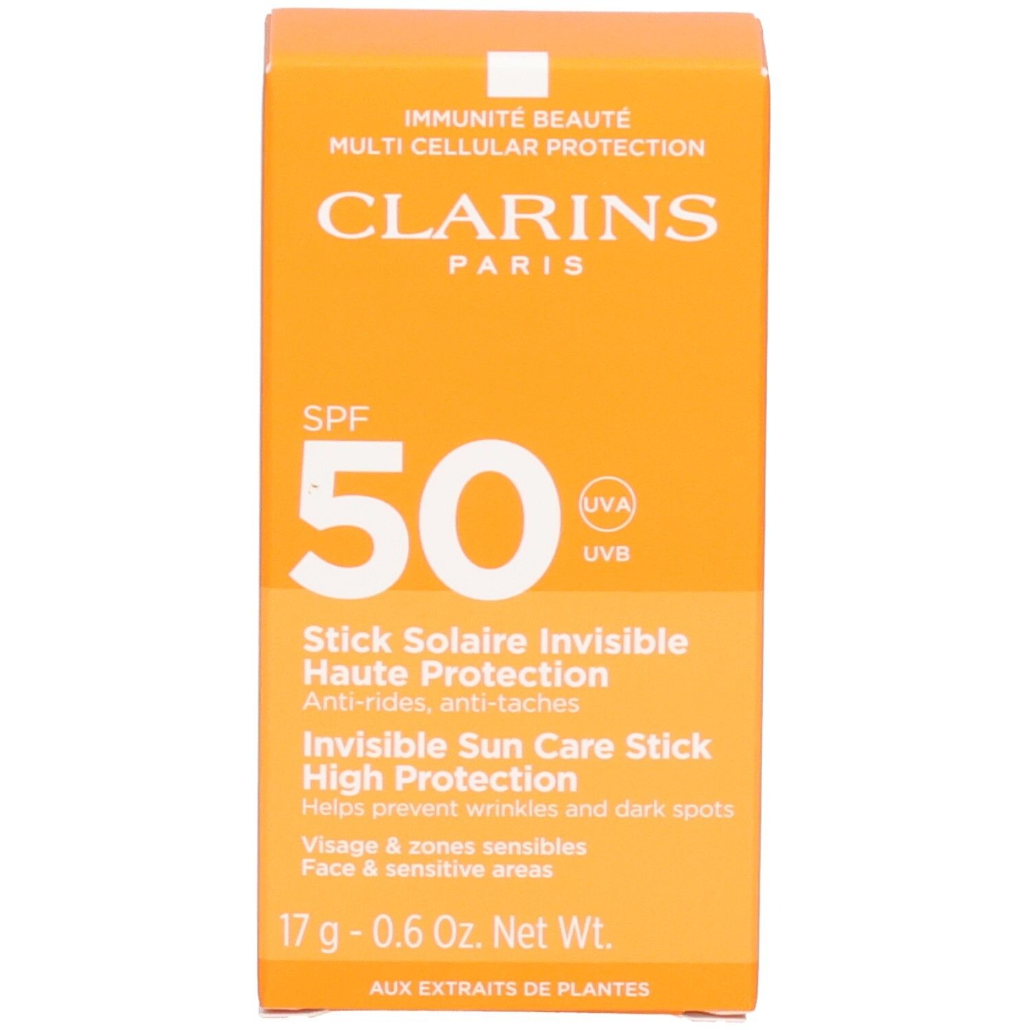 Emballage d'un stick solaire Clarins SPF 50 avec détails sur la Multi Cellular Protection.