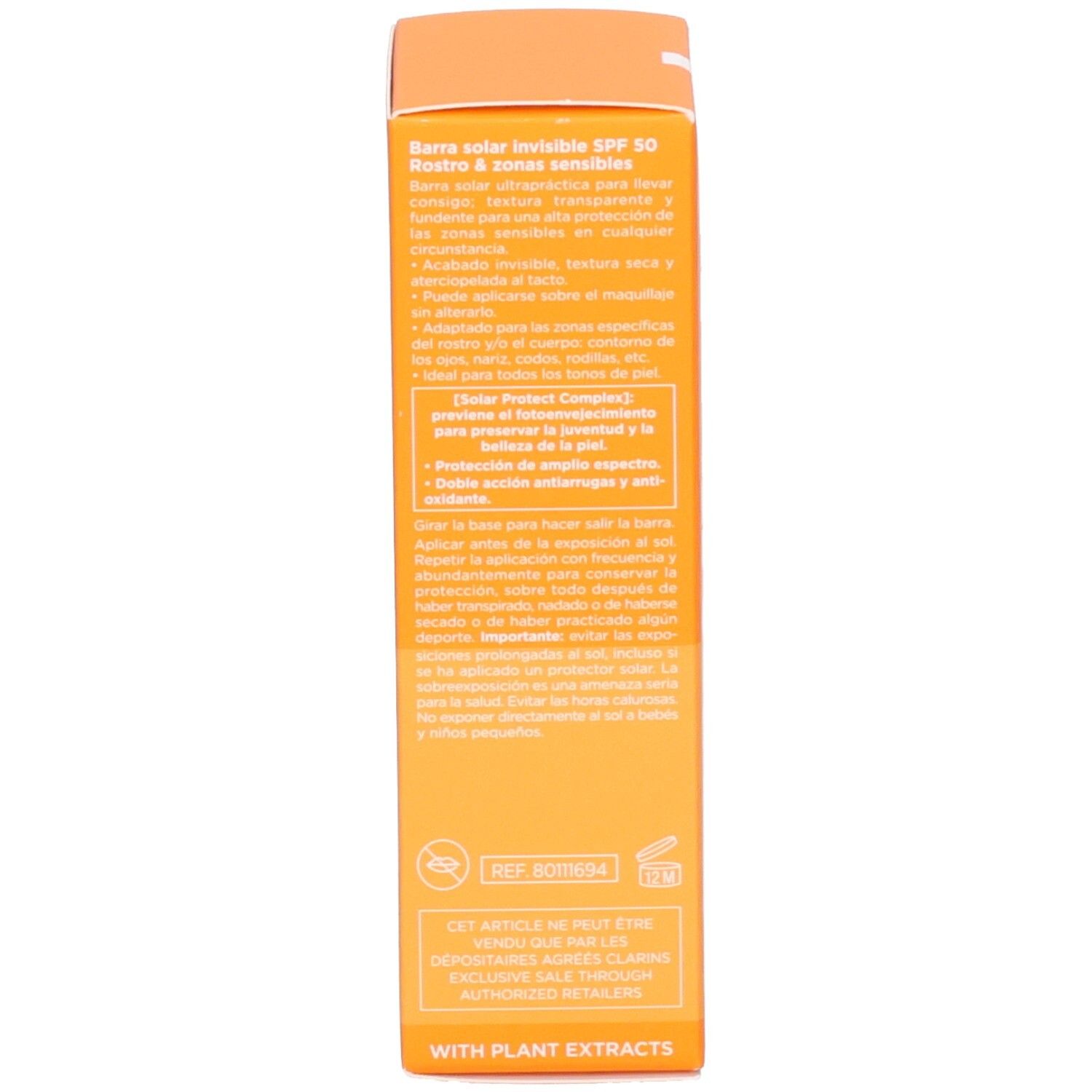 Côté de l'emballage du stick solaire Clarins SPF 50 avec instructions et bénéfices produit.