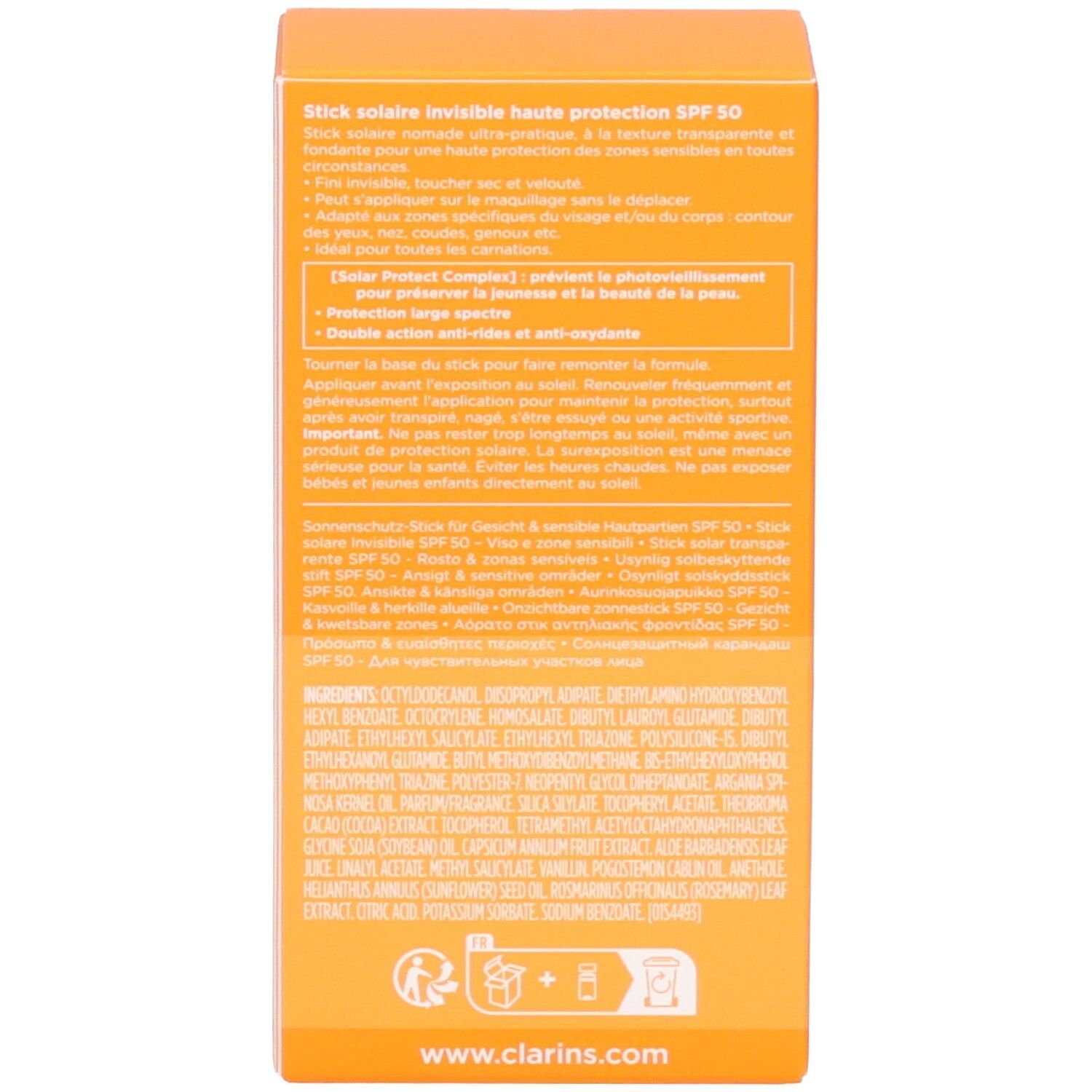 Arrière de l'emballage du stick solaire Clarins SPF 50 avec ingrédients et instructions.