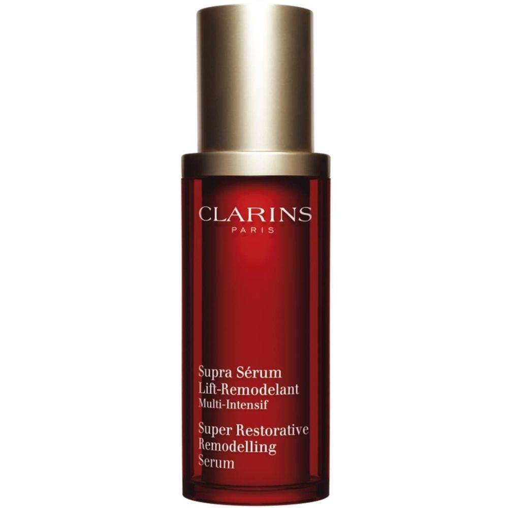 Flacon Clarins Supra Sérum Lift-Remodelant rouge avec pompe dorée.