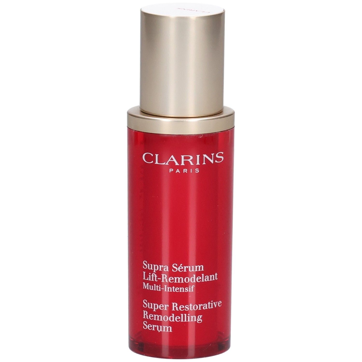 Flacon Clarins Supra Sérum Lift-Remodelant rouge avec pompe dorée.