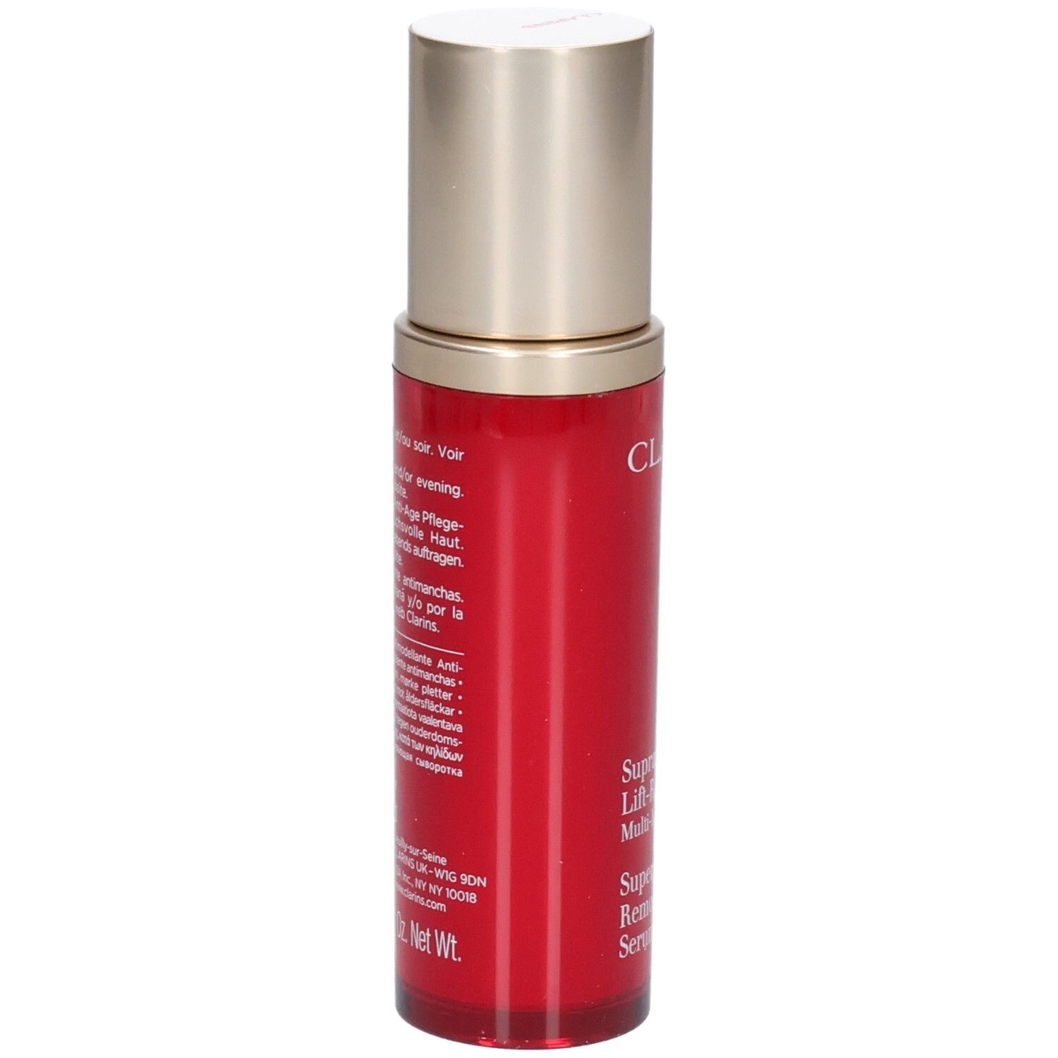 Arrière du flacon Clarins Supra Sérum Lift-Remodelant avec texte.