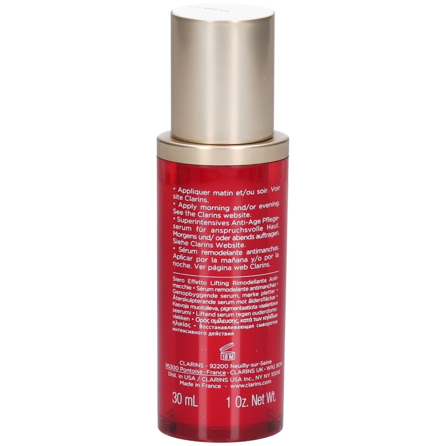 Flacon et boîte Clarins Supra Sérum Lift-Remodelant, 30 ml.