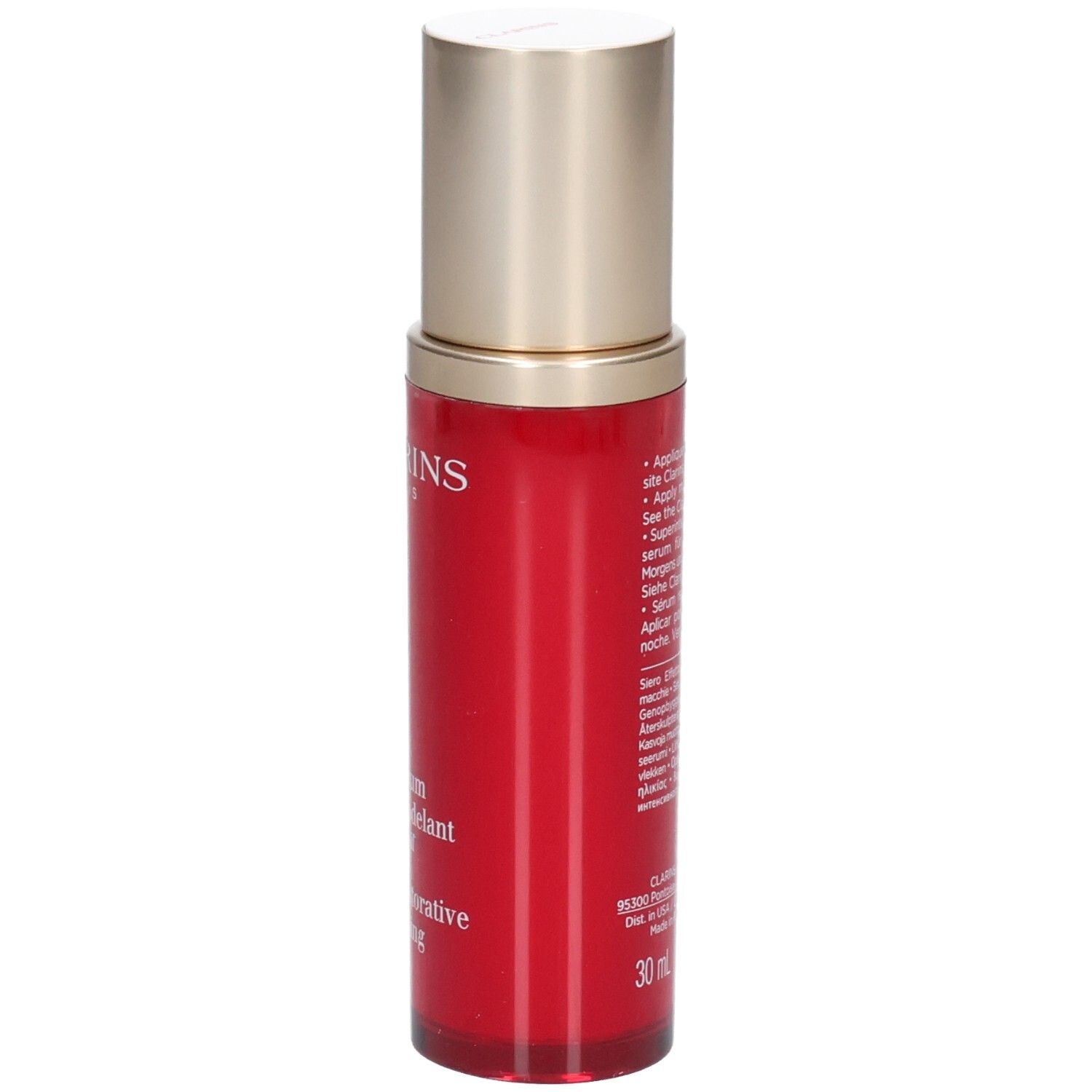 Flacon Clarins Supra Sérum Lift-Remodelant avec texte sur le côté.