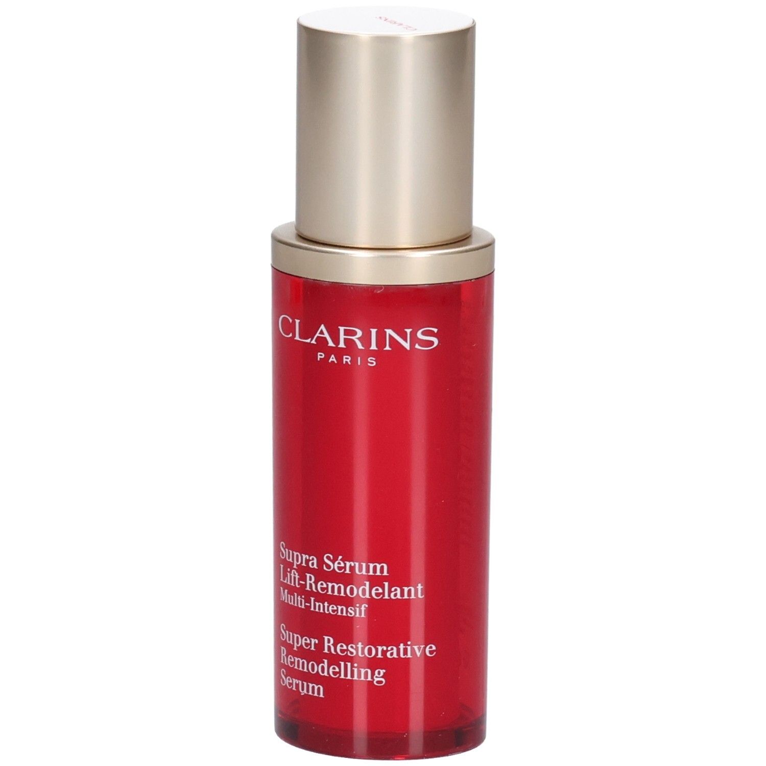 Flacon Clarins Supra Sérum Lift-Remodelant rouge avec pompe dorée.