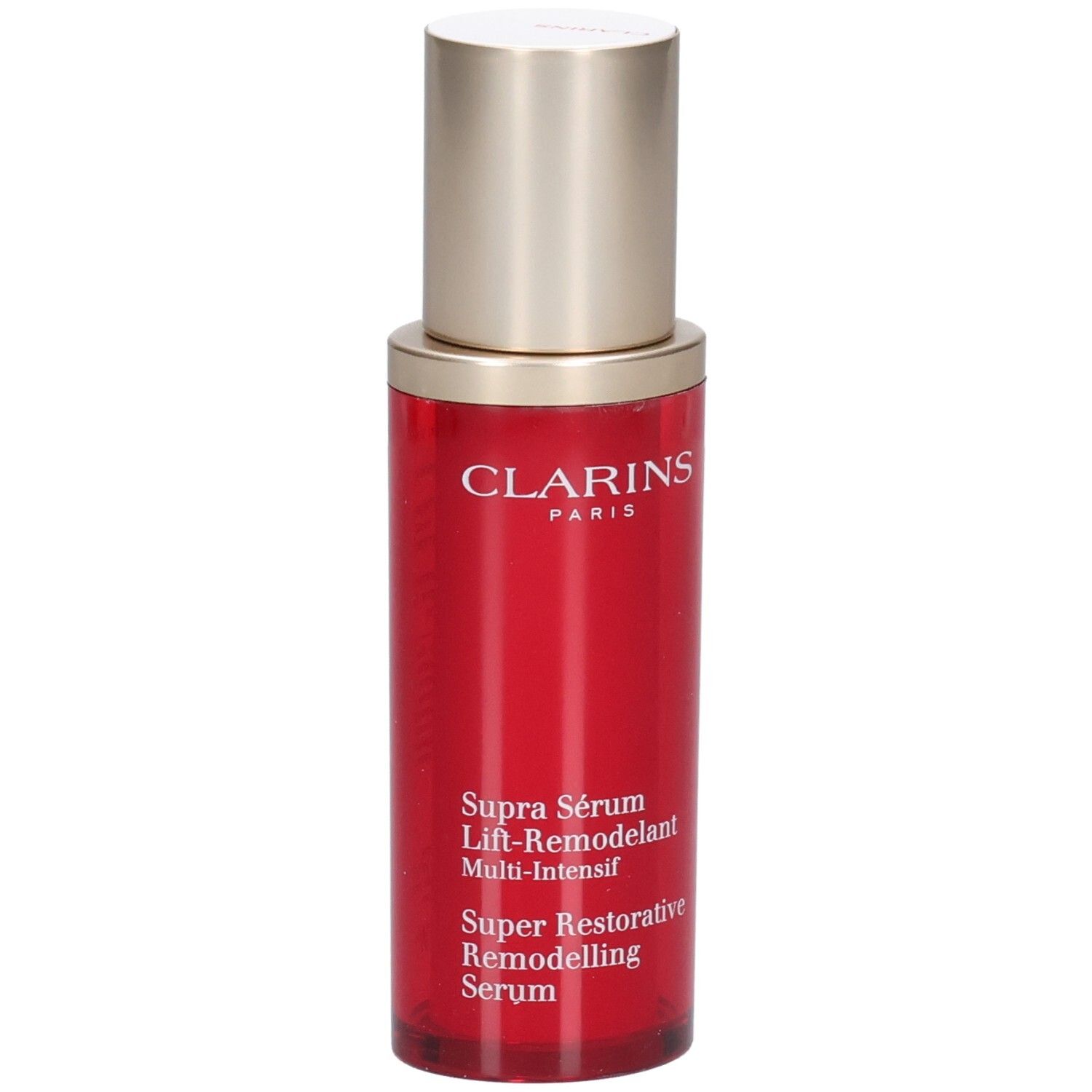 Flacon Clarins Supra Sérum Lift-Remodelant rouge avec pompe dorée.