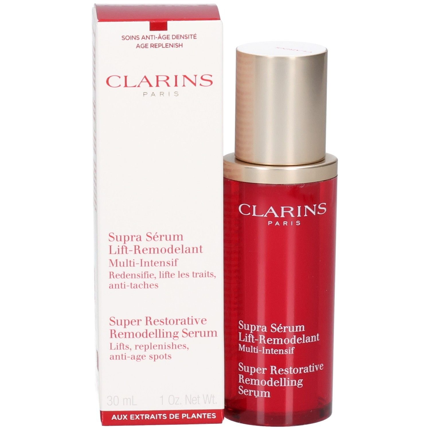 Flacon et boîte Clarins Supra Sérum Lift-Remodelant, 30 ml.