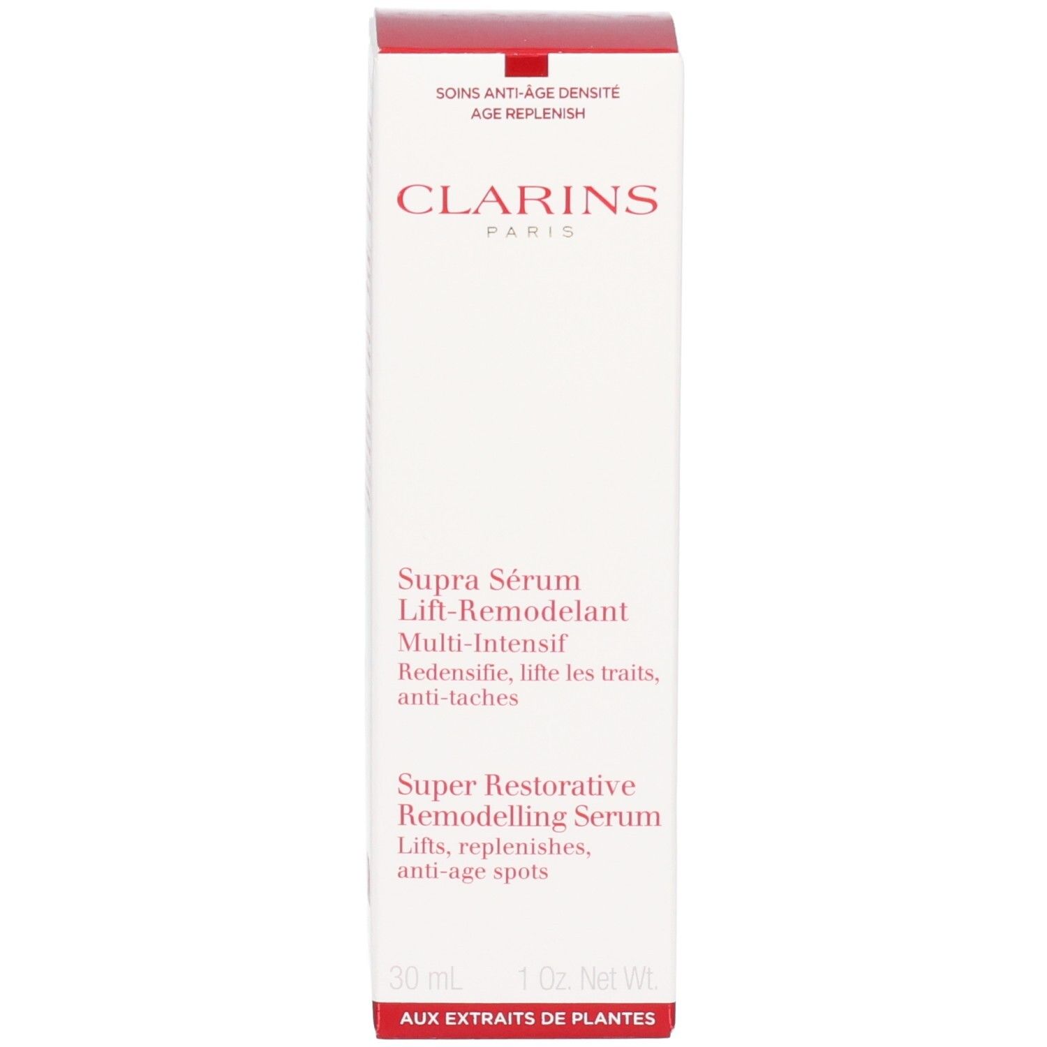 Flacon et boîte Clarins Supra Sérum Lift-Remodelant, 30 ml.