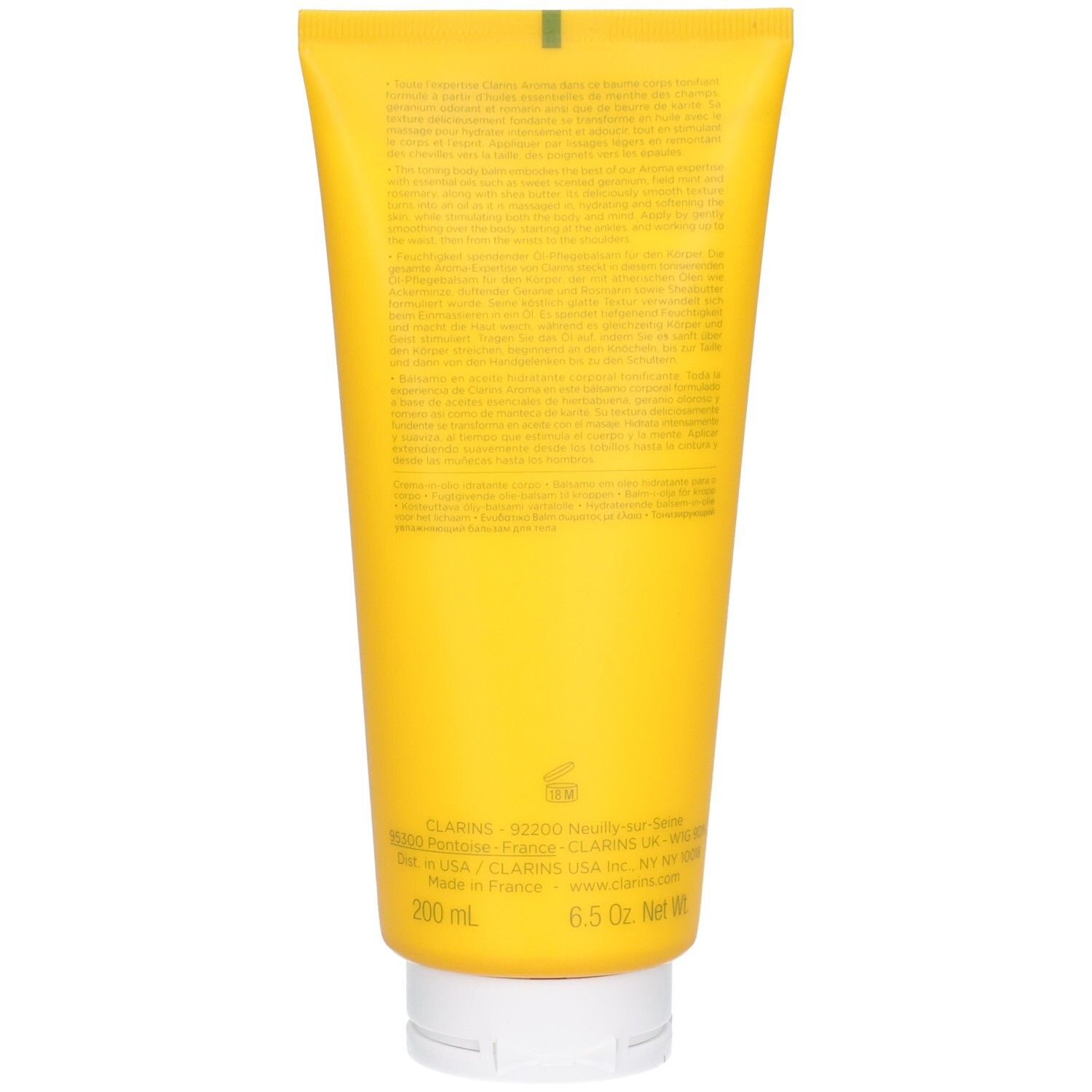 Arrière d'un tube Clarins Baume-Huile Hydratant "Tonic" avec informations produit.