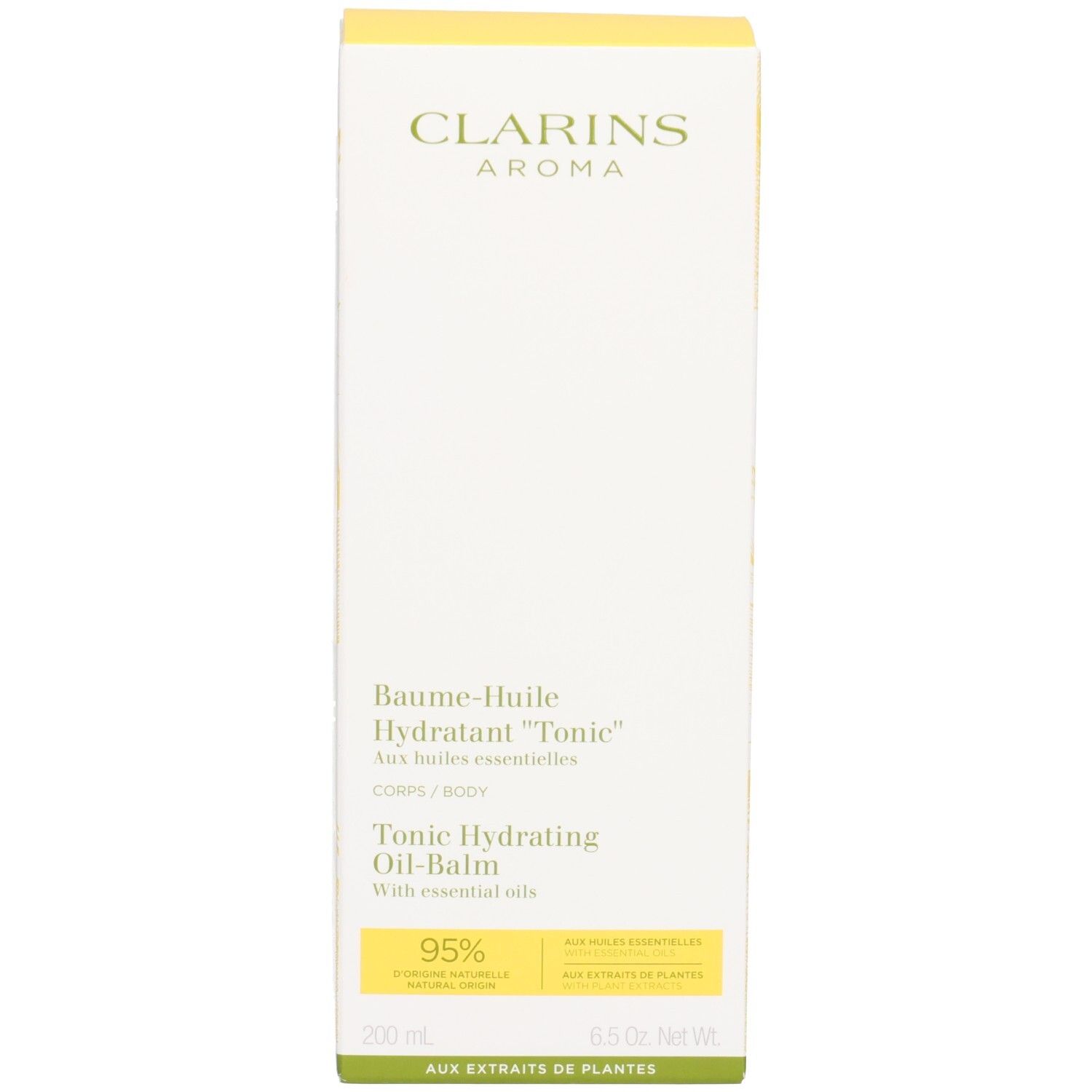 Emballage du Baume-Huile Hydratant "Tonic" Clarins avec texte.