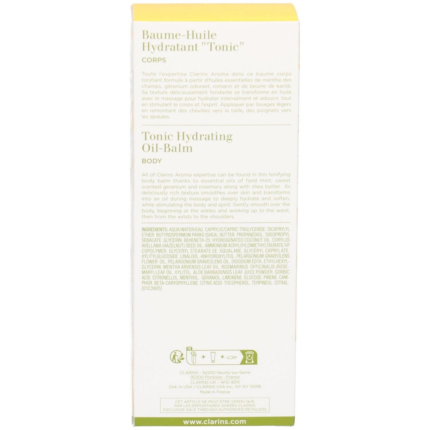 Arrière de l'emballage Clarins Baume-Huile Hydratant "Tonic" avec texte détaillé.