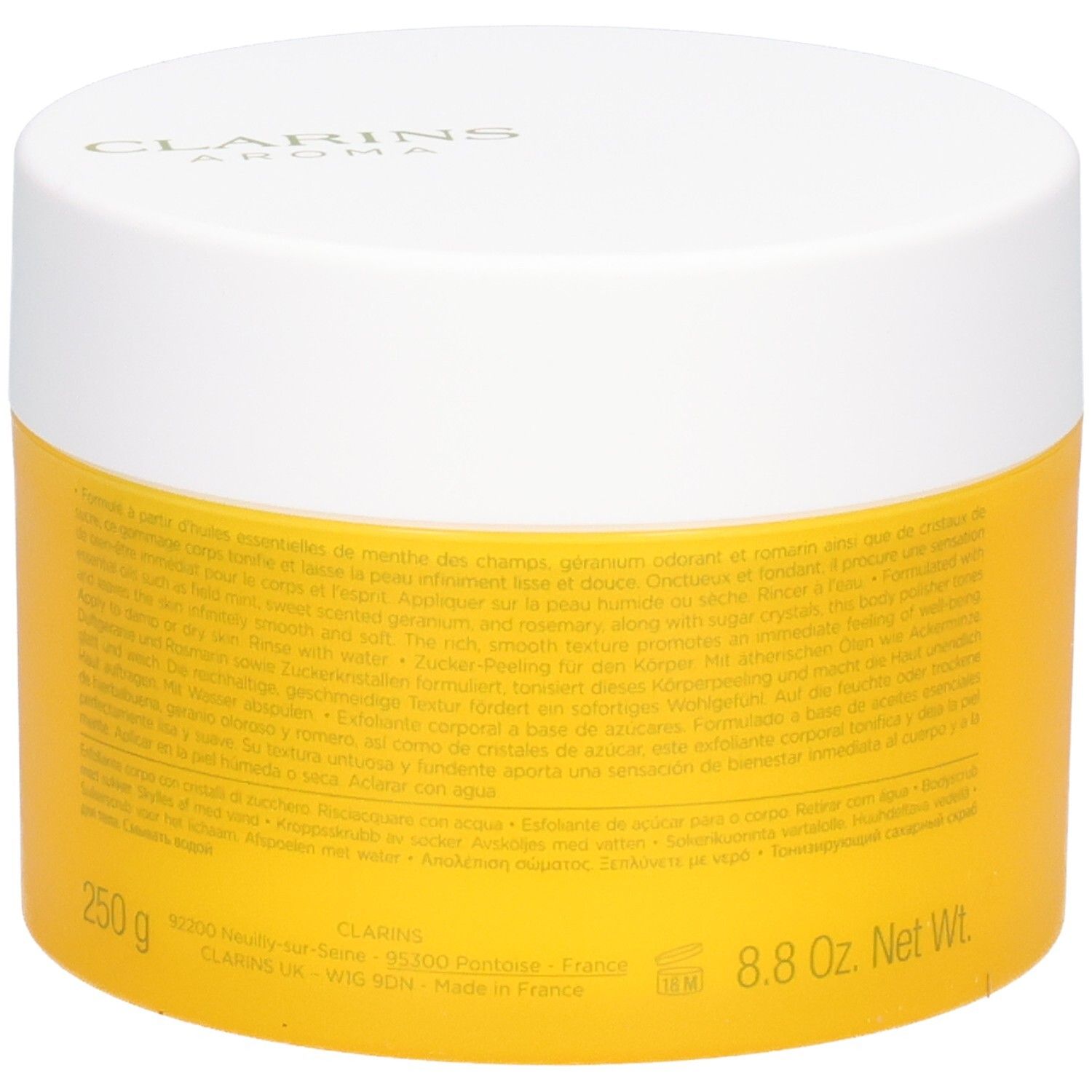 Clarins Gommage au Sucre Tonic, arrière du pot jaune avec texte et indication 250g.