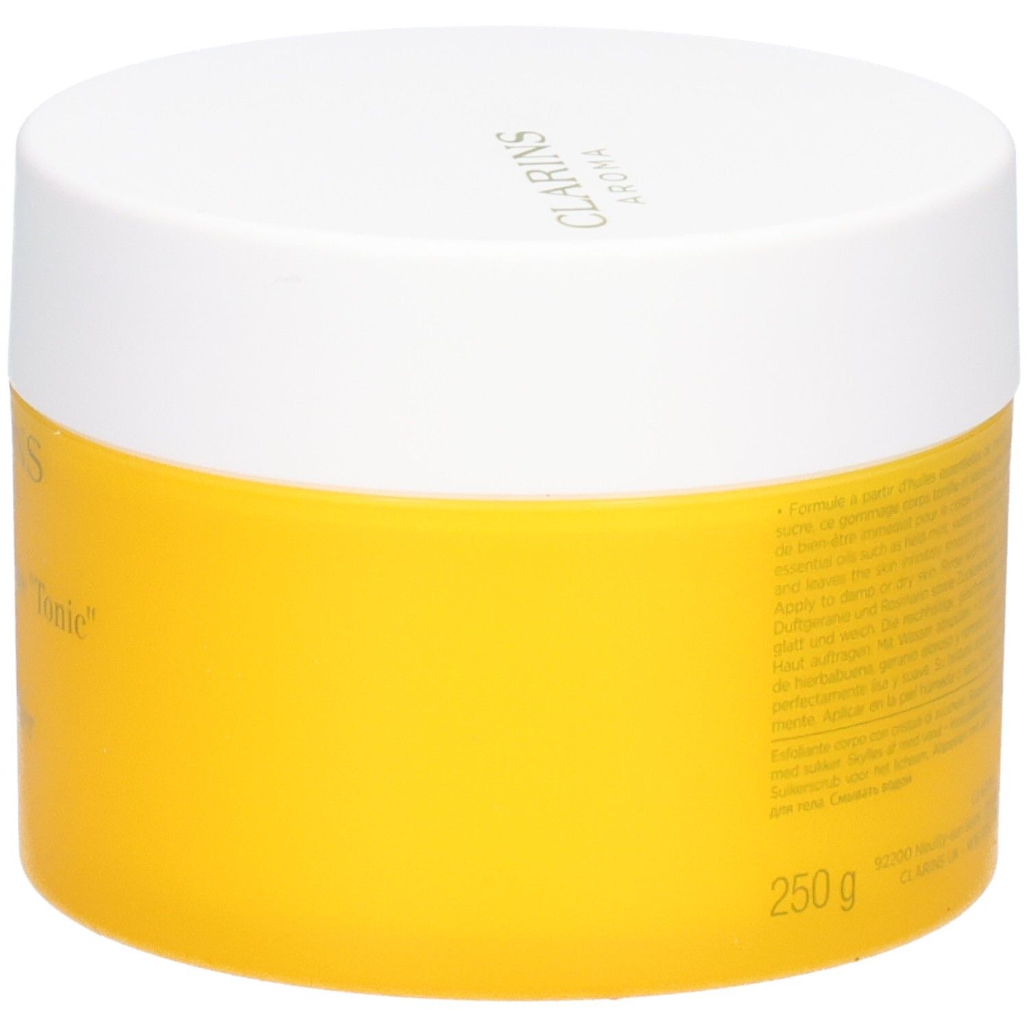 Clarins Gommage au Sucre Tonic, vue latérale du pot jaune avec texte et indication 250g.