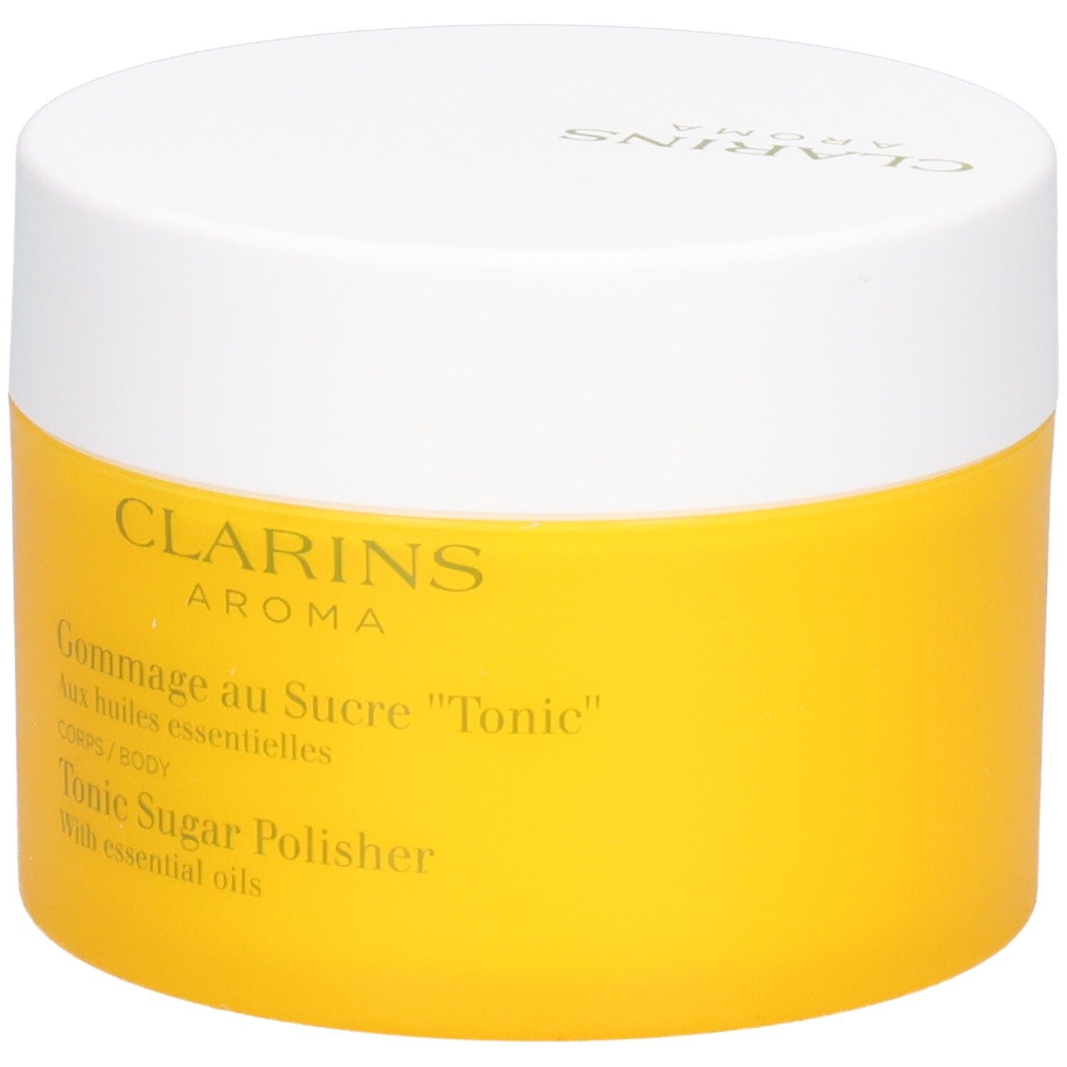 Clarins Gommage au Sucre Tonic dans un pot jaune avec couvercle blanc, vue de face.