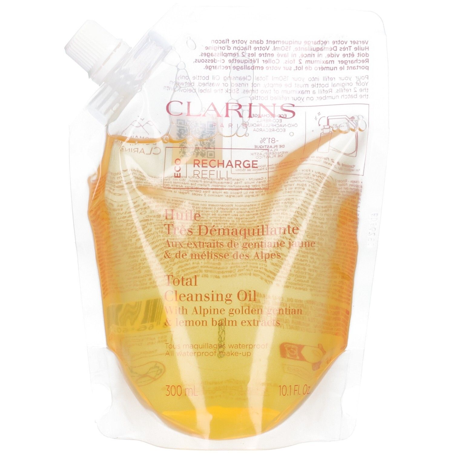 Clarins recharge pour huile démaquillante. Pochette transparente contenant de l'huile jaune et un bouchon blanc.