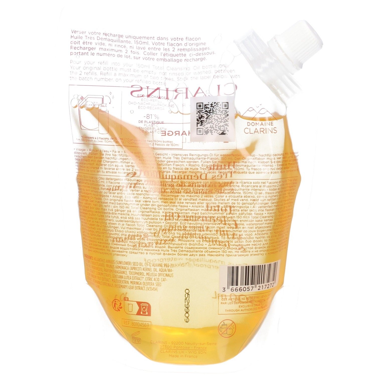 Clarins recharge pour huile démaquillante. Dos avec informations produit et code-barres. Pochette transparente avec huile jaune.