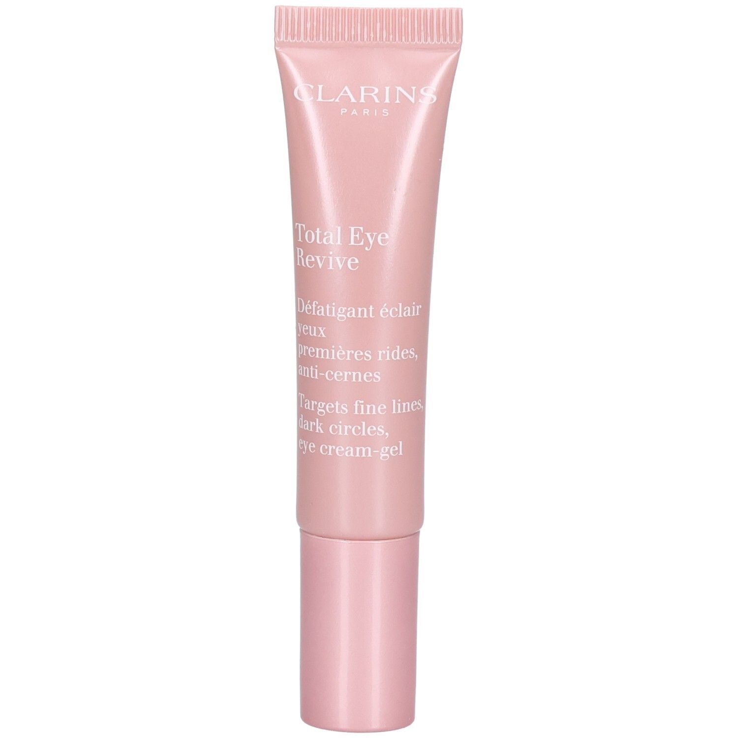 Tube Clarins Total Eye Revive rose avec applicateur.