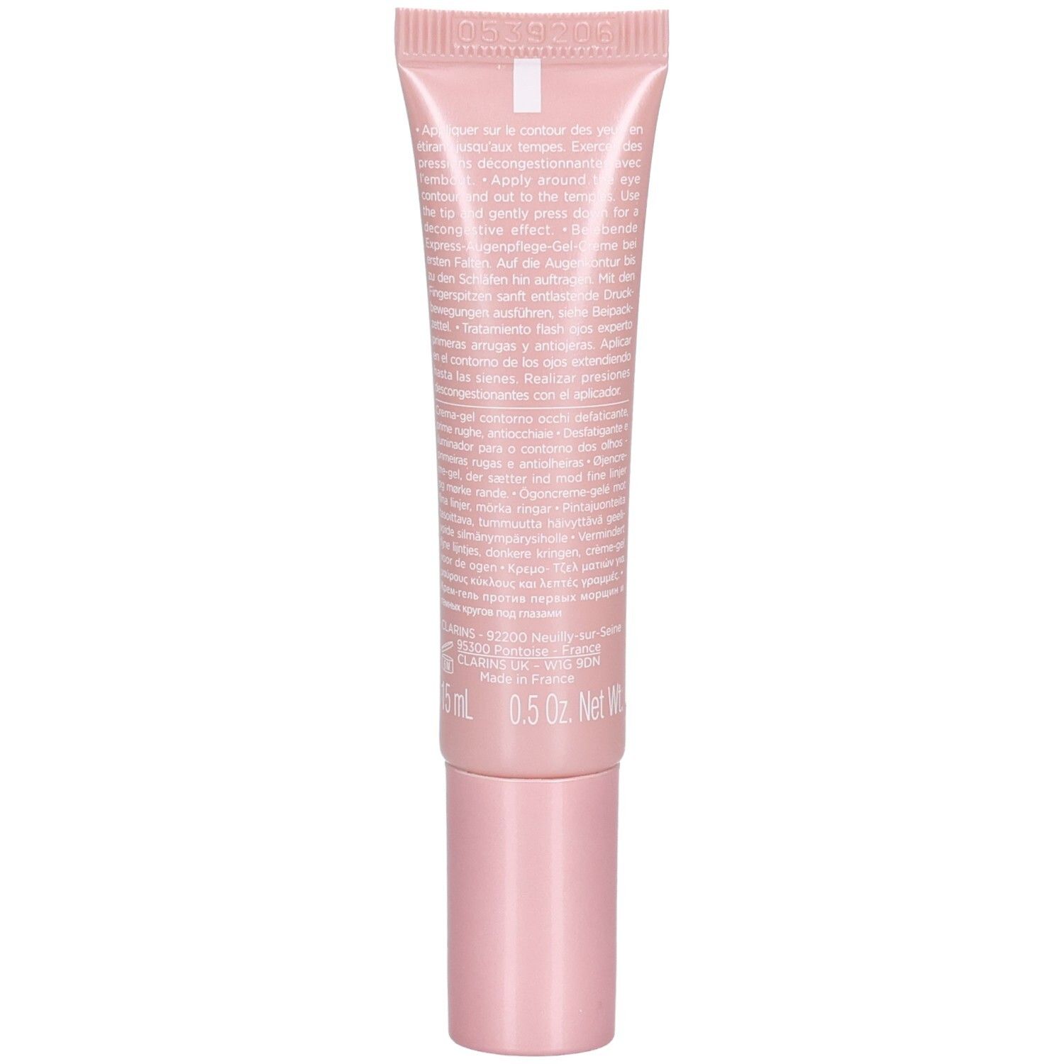 Arrière d'un tube Clarins Total Eye Revive avec informations produit.