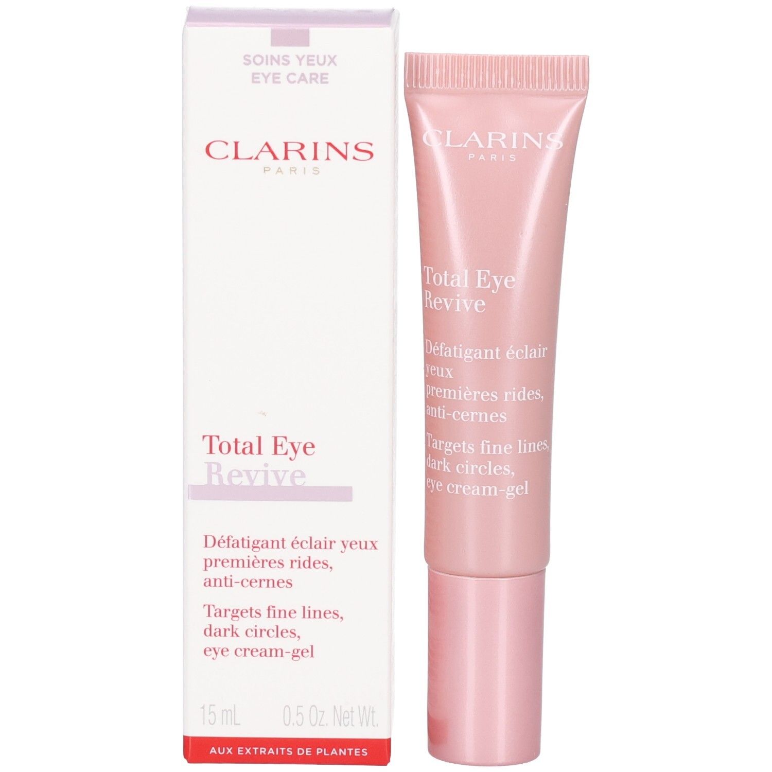 Tube et emballage Clarins Total Eye Revive, rose et blanc.