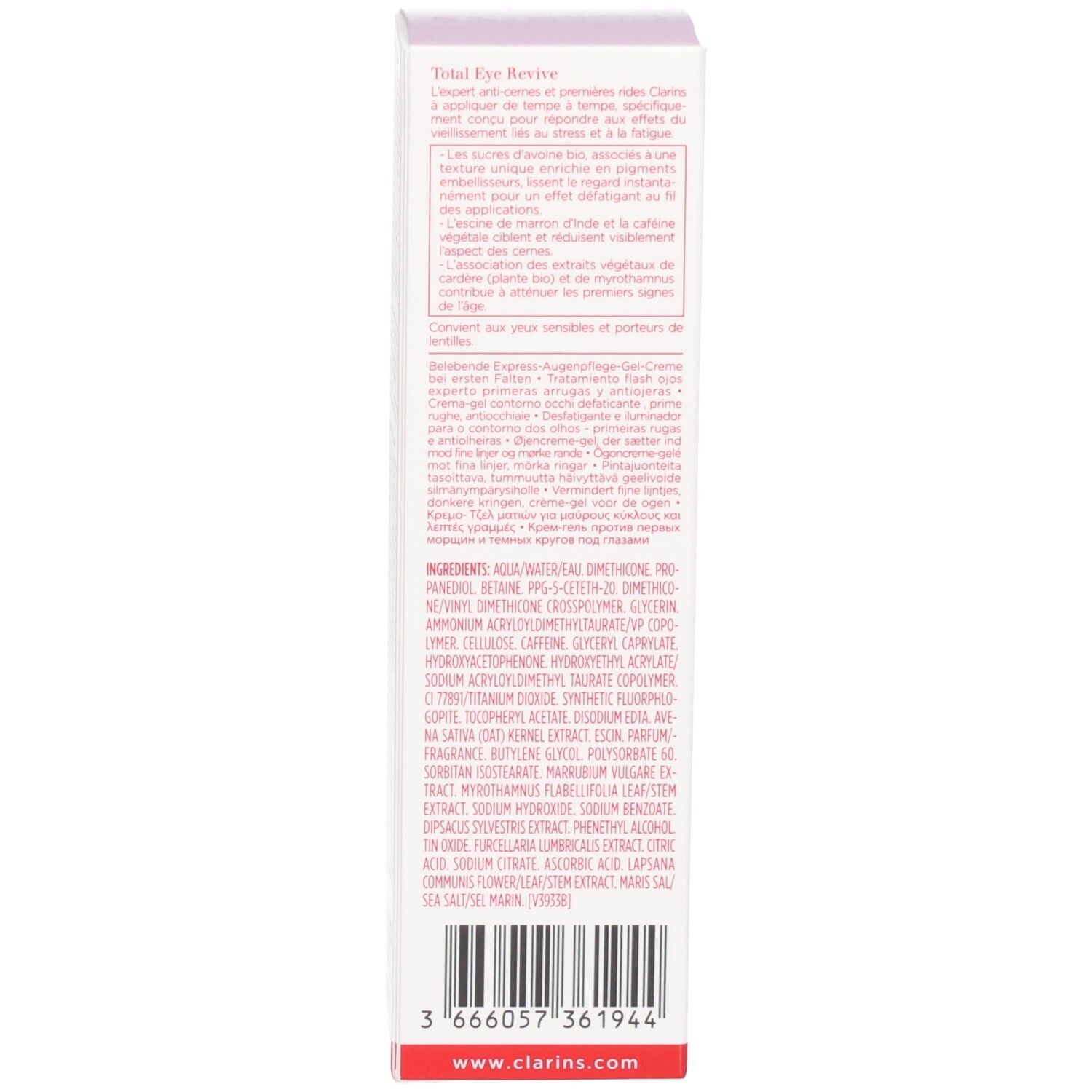 Côté de l'emballage Clarins Total Eye Revive avec liste des ingrédients.
