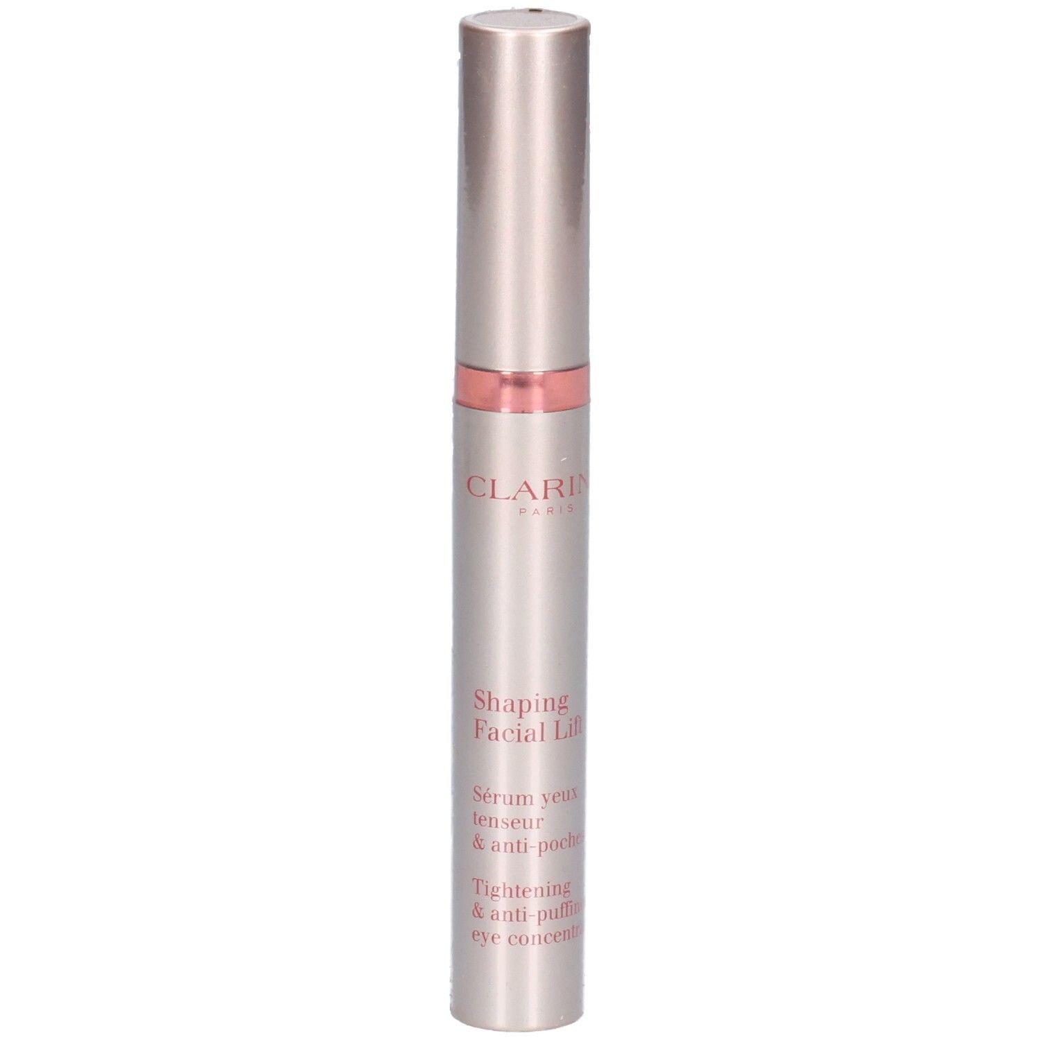 Sérum Clarins V Shaping Facial Lift dans un tube argenté avec un accent rose.