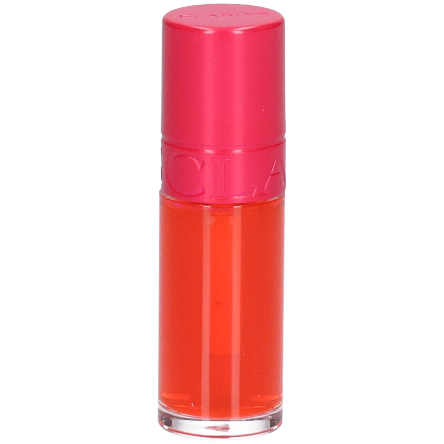 Clarins Eau à Lèvres 01, rouge à lèvres orange vif, avec capuchon rose.