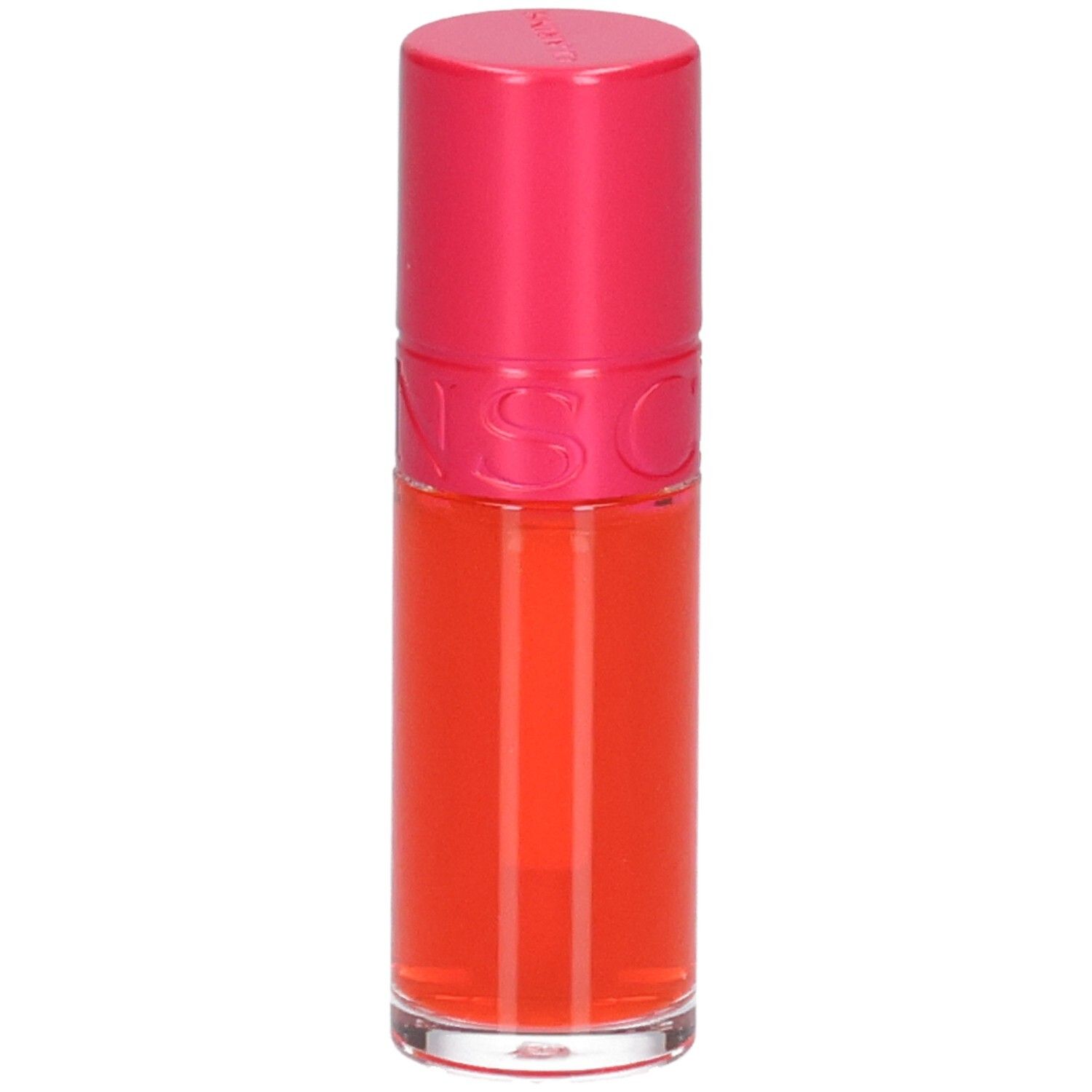 Clarins Eau à Lèvres 01, rouge à lèvres orange vif, avec capuchon rose.