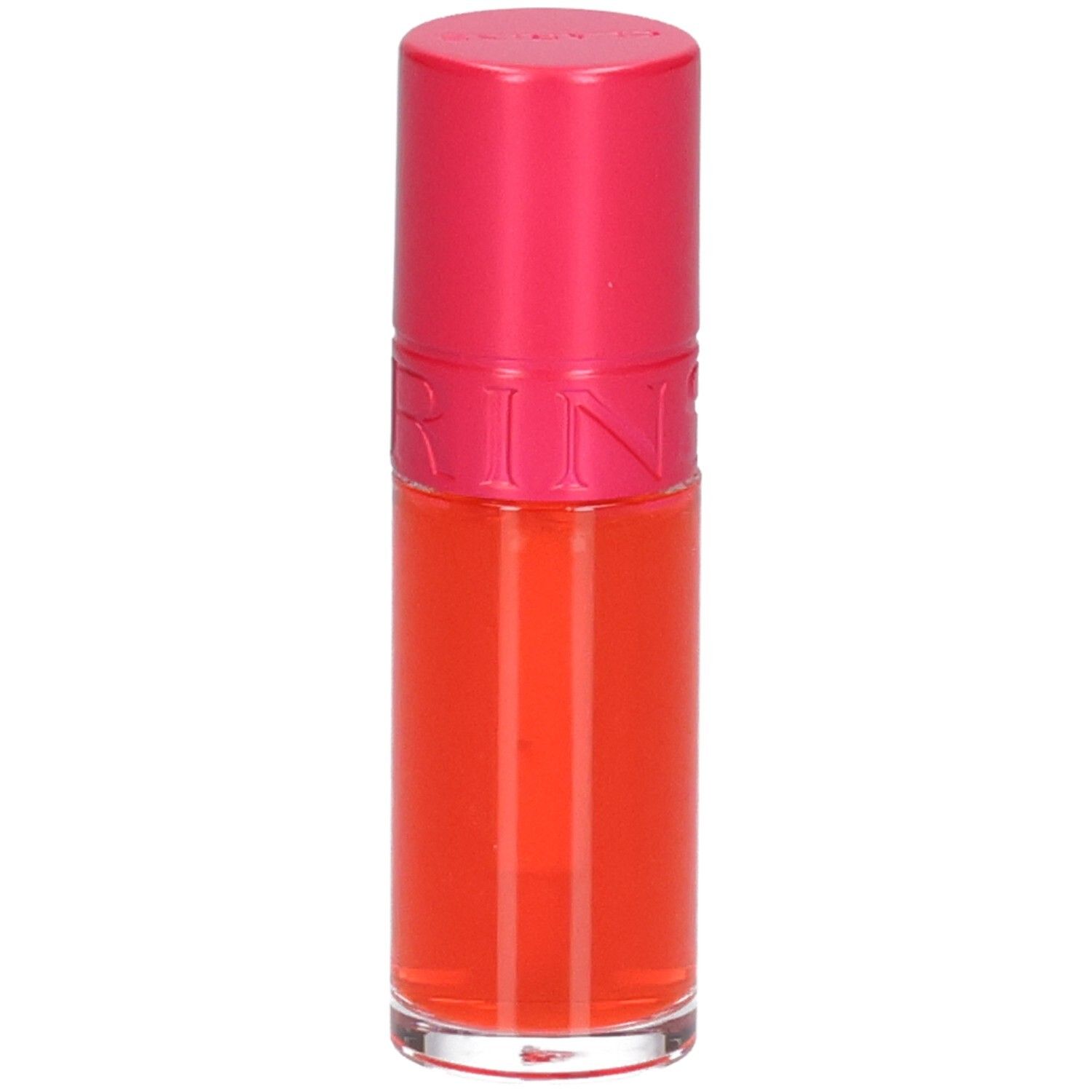 Clarins Eau à Lèvres 01, rouge à lèvres orange vif, avec capuchon rose.