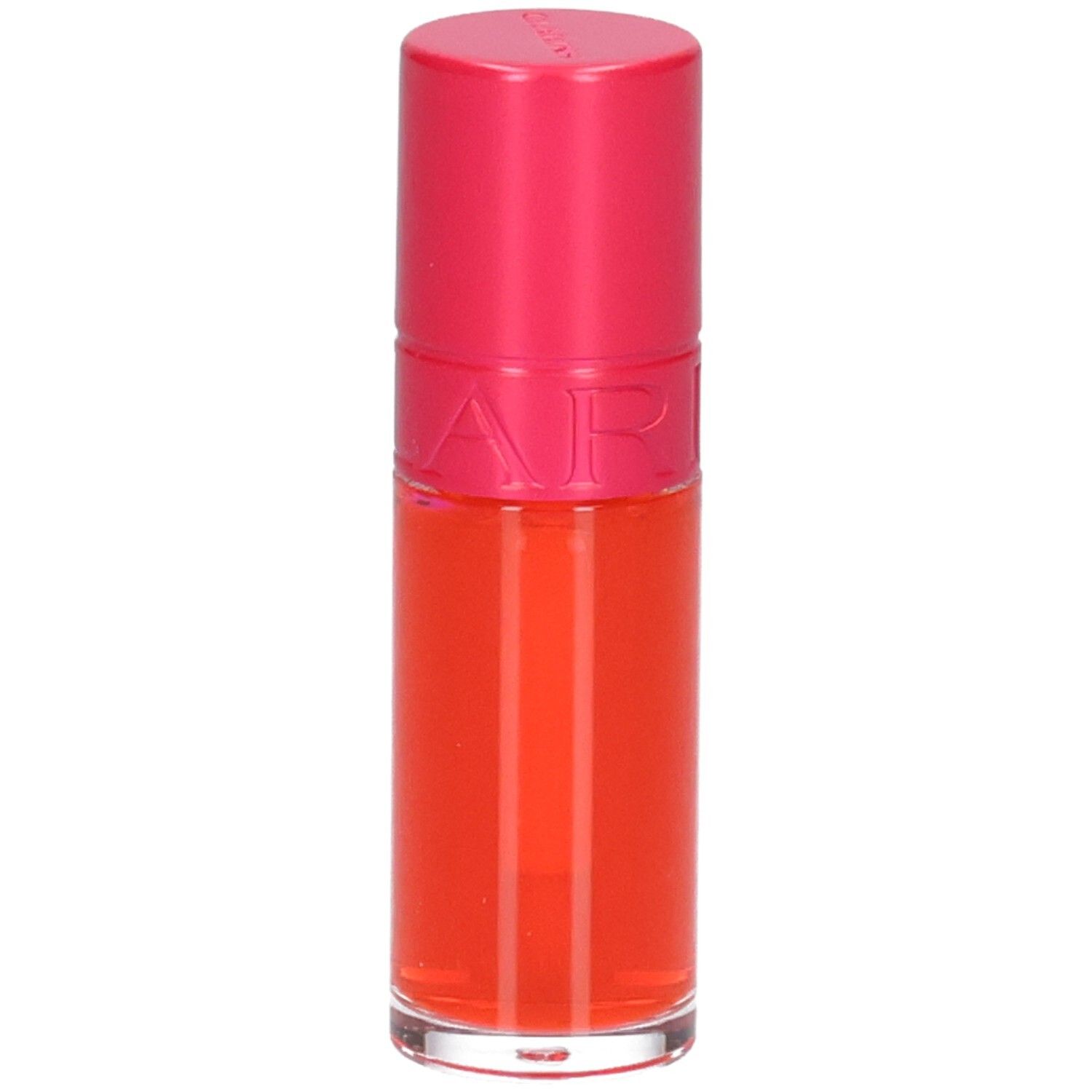 Clarins Eau à Lèvres 01, rouge à lèvres orange vif, avec capuchon rose.