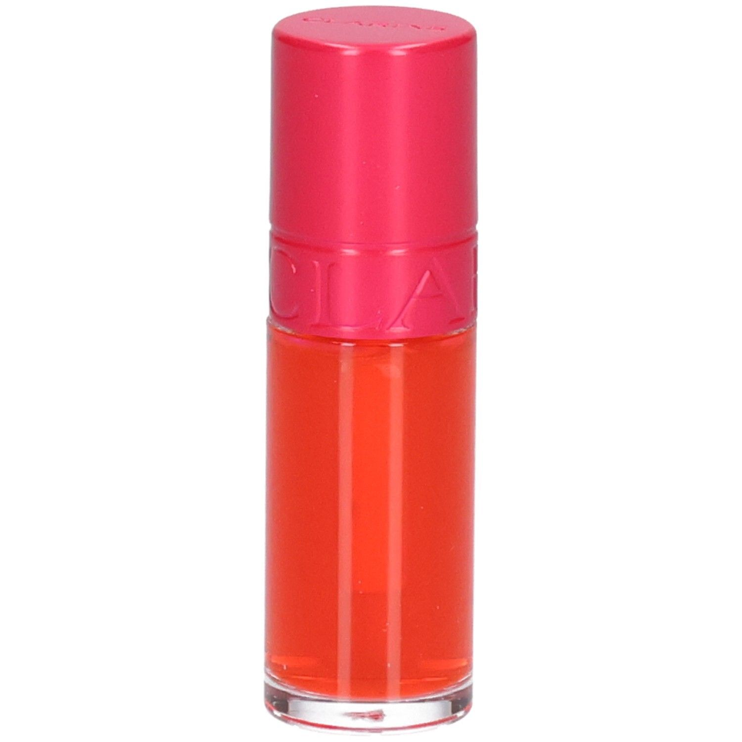 Clarins Eau à Lèvres 01, rouge à lèvres orange vif, avec capuchon rose.