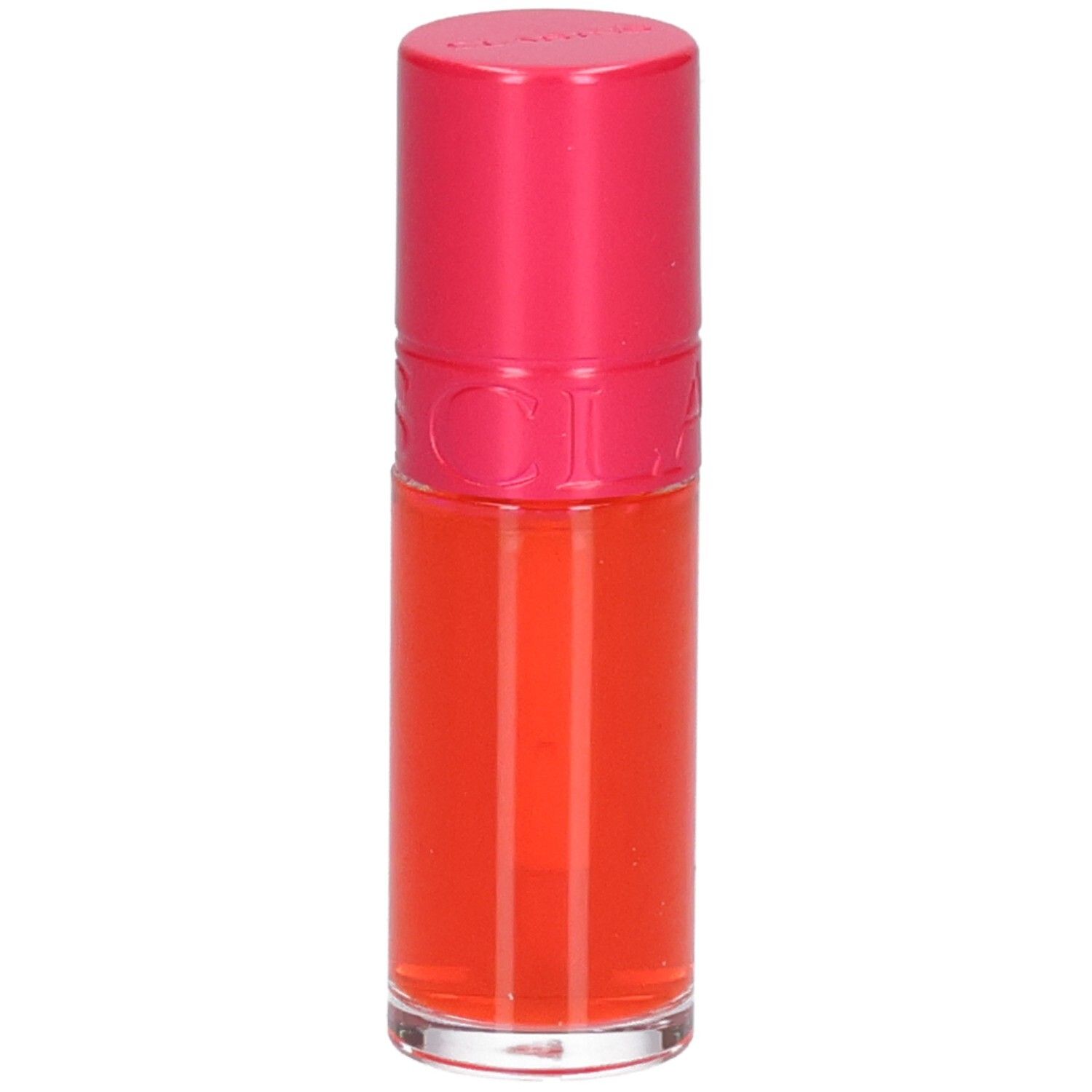 Clarins Eau à Lèvres 01, rouge à lèvres orange vif, avec capuchon rose.
