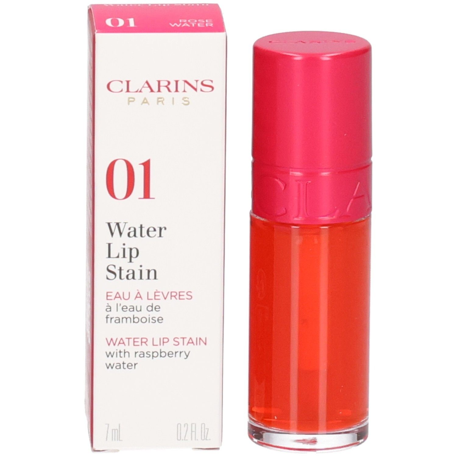 Clarins Eau à Lèvres 01, rouge à lèvres orange vif, avec capuchon rose et emballage.