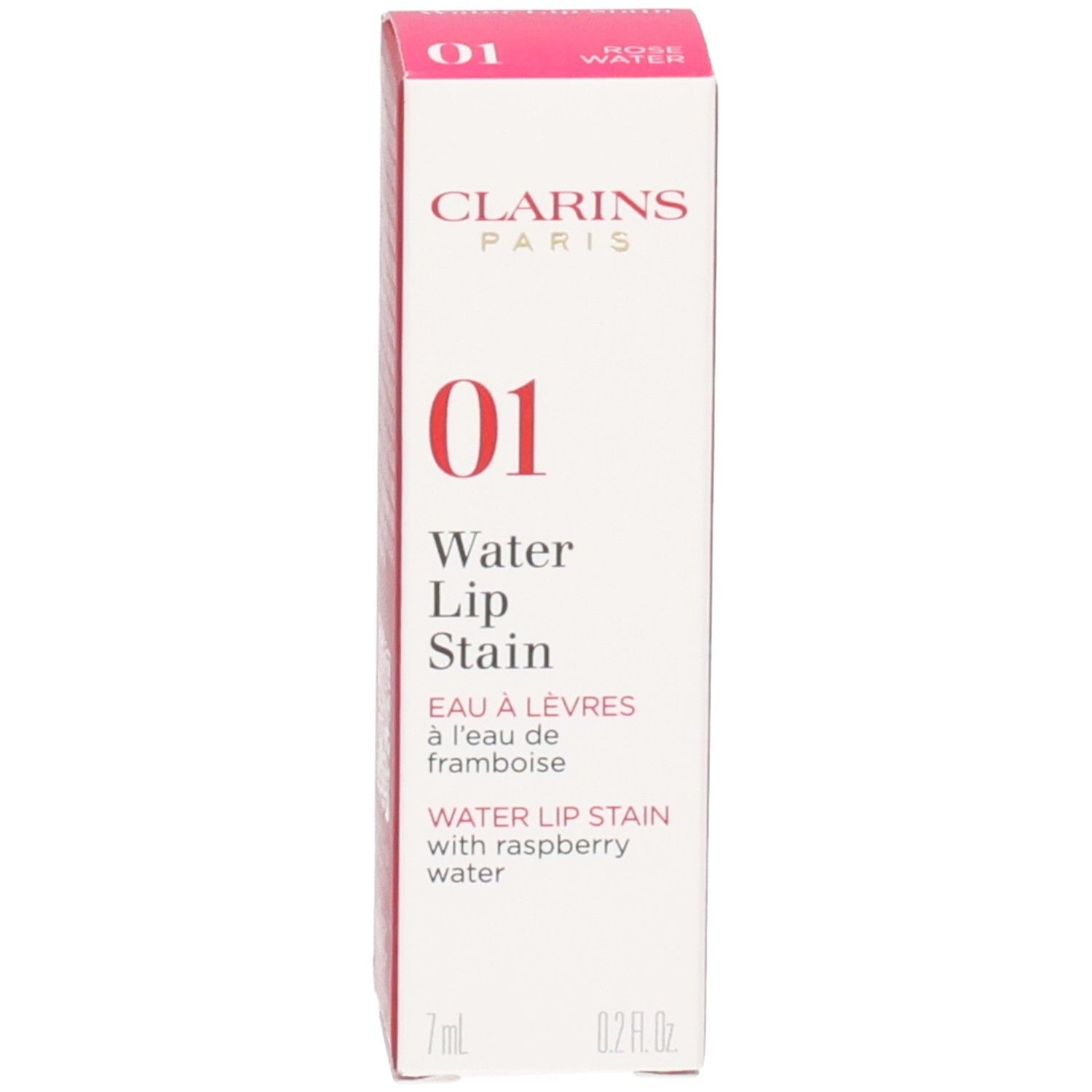 Clarins Eau à Lèvres 01, rouge à lèvres orange vif, avec capuchon rose et emballage.