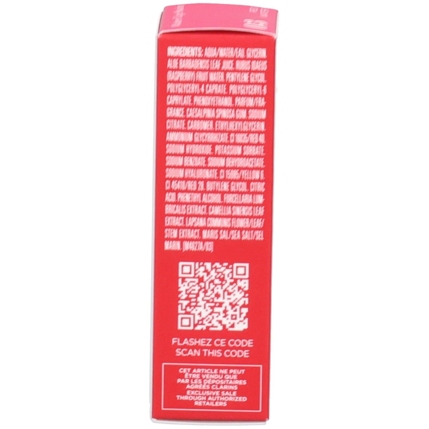 Emballage Clarins Eau à Lèvres 03, dos avec ingrédients et code QR.
