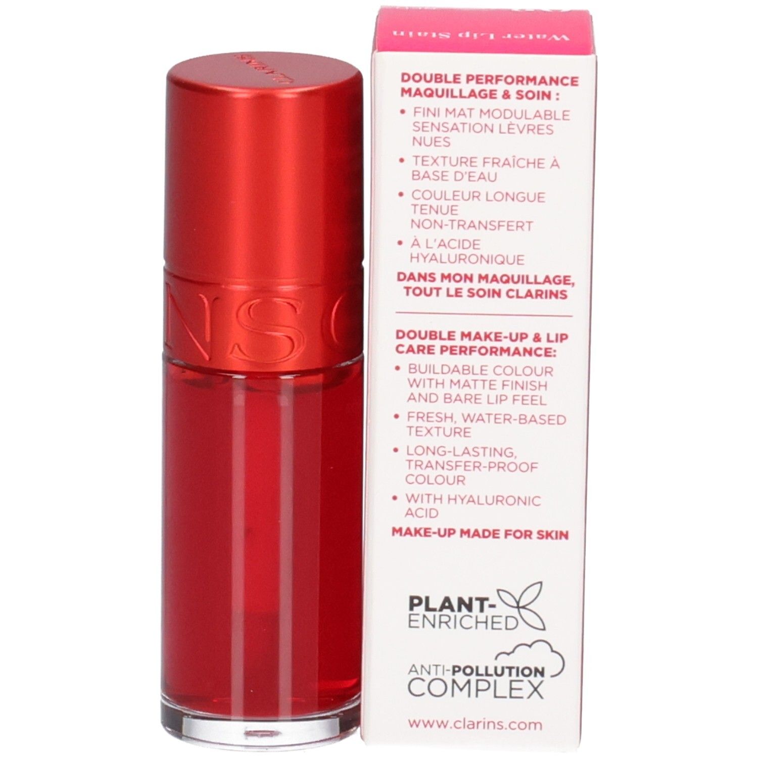 Clarins Eau à Lèvres 03, rouge à lèvres avec emballage. Texte en français et anglais.