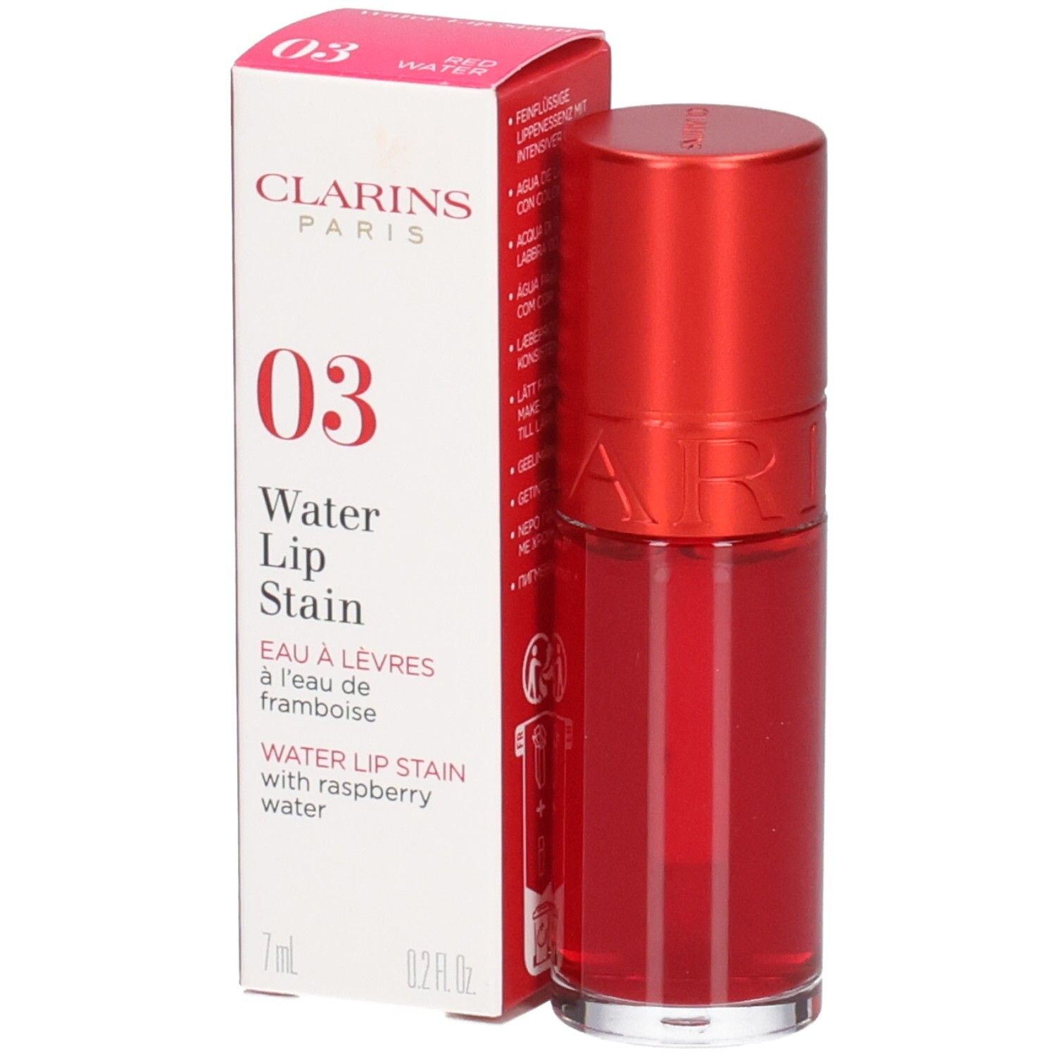 Clarins Eau à Lèvres 03, rouge à lèvres avec applicateur et emballage.
