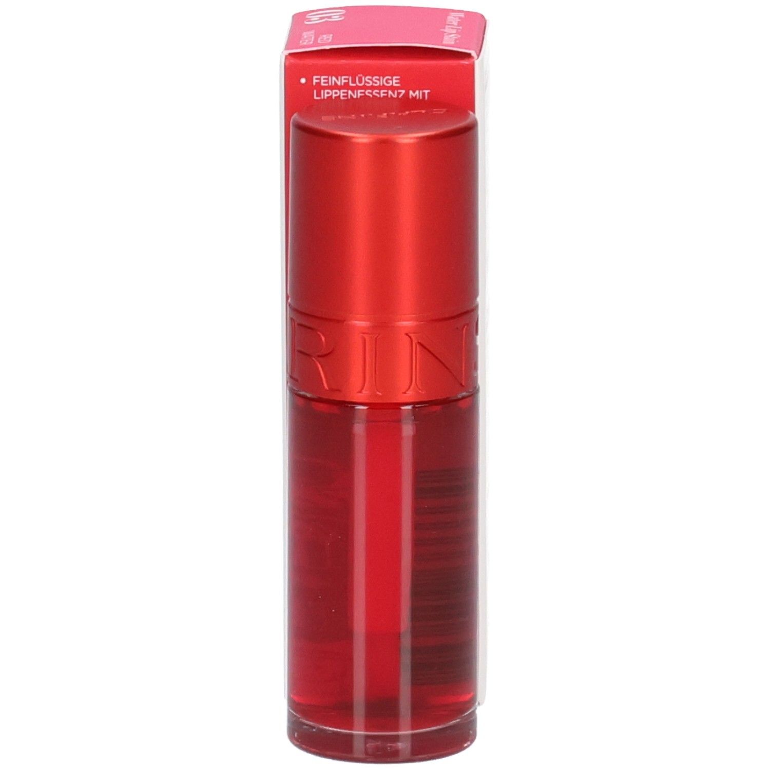 Clarins Eau à Lèvres 03, rouge à lèvres avec bouchon rouge et flacon transparent.