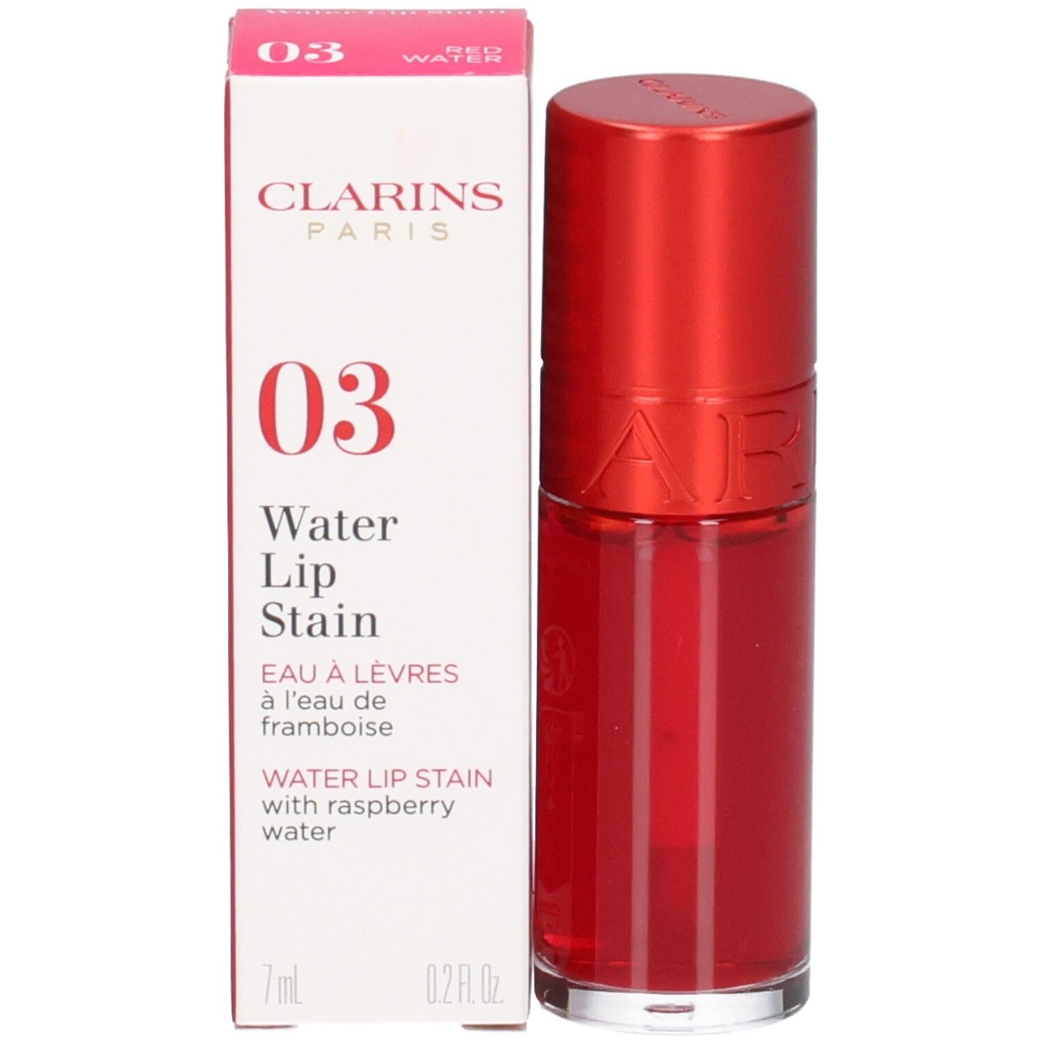Clarins Eau à Lèvres 03, rouge à lèvres avec applicateur et emballage.