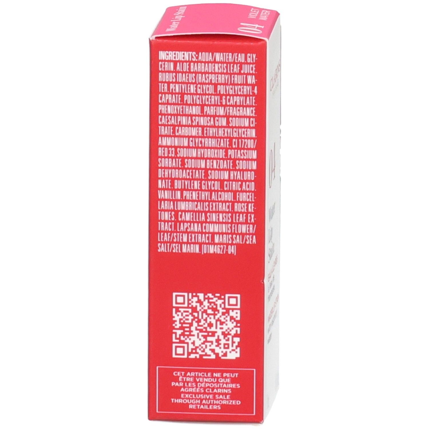 Clarins Eau à Lèvres 04, Arrière de la boîte avec ingrédients et code QR. Teinte pour lèvres, 7ml.