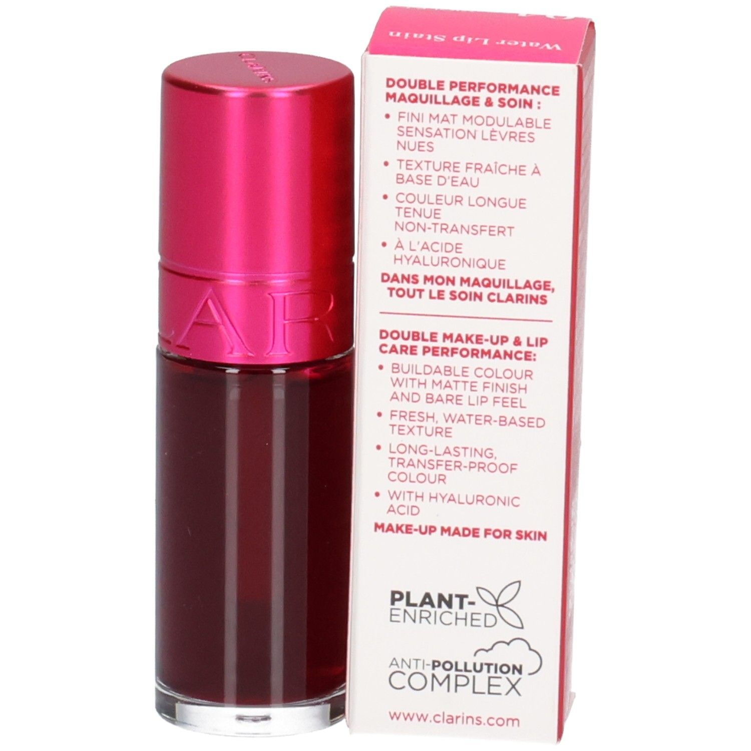 Clarins Eau à Lèvres 04, Flacon avec bouchon rose et boîte. Teinte pour lèvres à l'eau de framboise, 7ml.