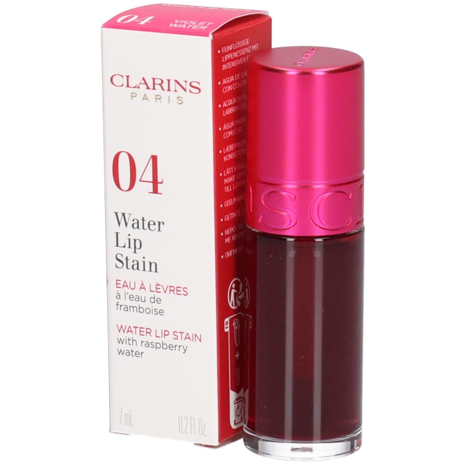 Clarins Eau à Lèvres 04, Teinte pour lèvres à l'eau de framboise, 7ml. Flacon avec bouchon rose à côté de sa boîte.