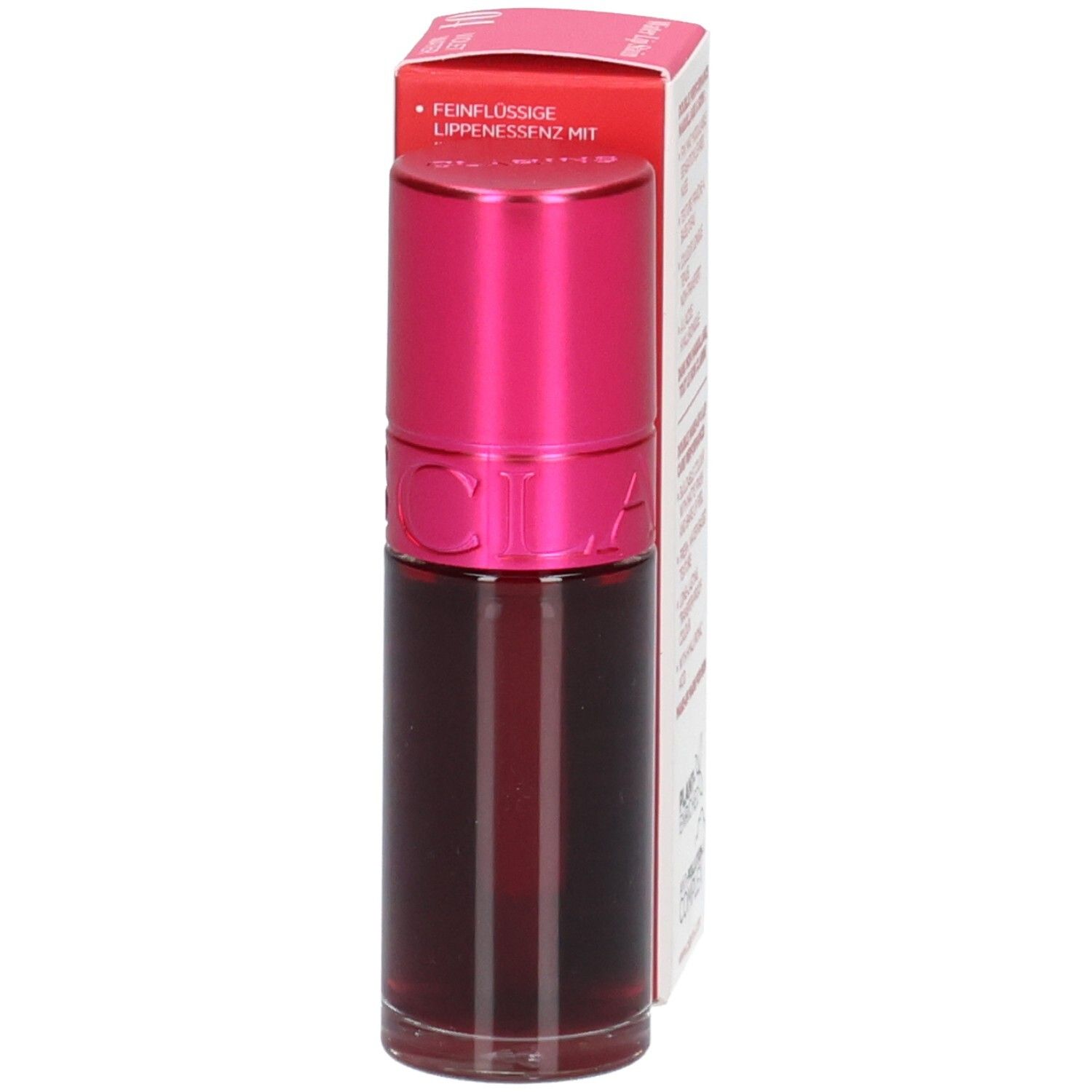 Clarins Eau à Lèvres 04, Vue latérale du flacon avec bouchon rose et boîte. Teinte pour lèvres, 7ml.